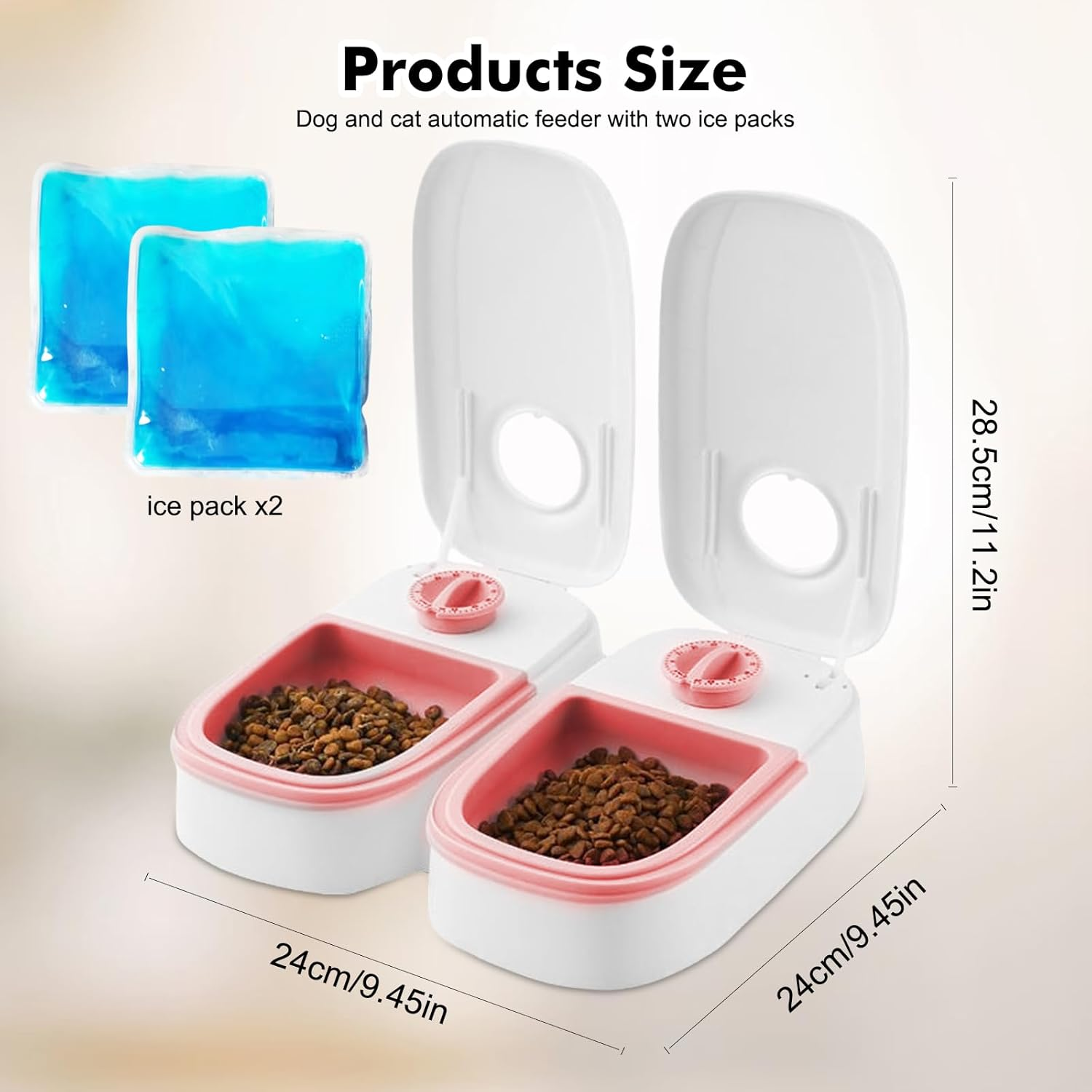Zwei weiße Futternäpfe mit rosa Rand, gefüllt mit Futter, daneben zwei blaue Kühlpacks.