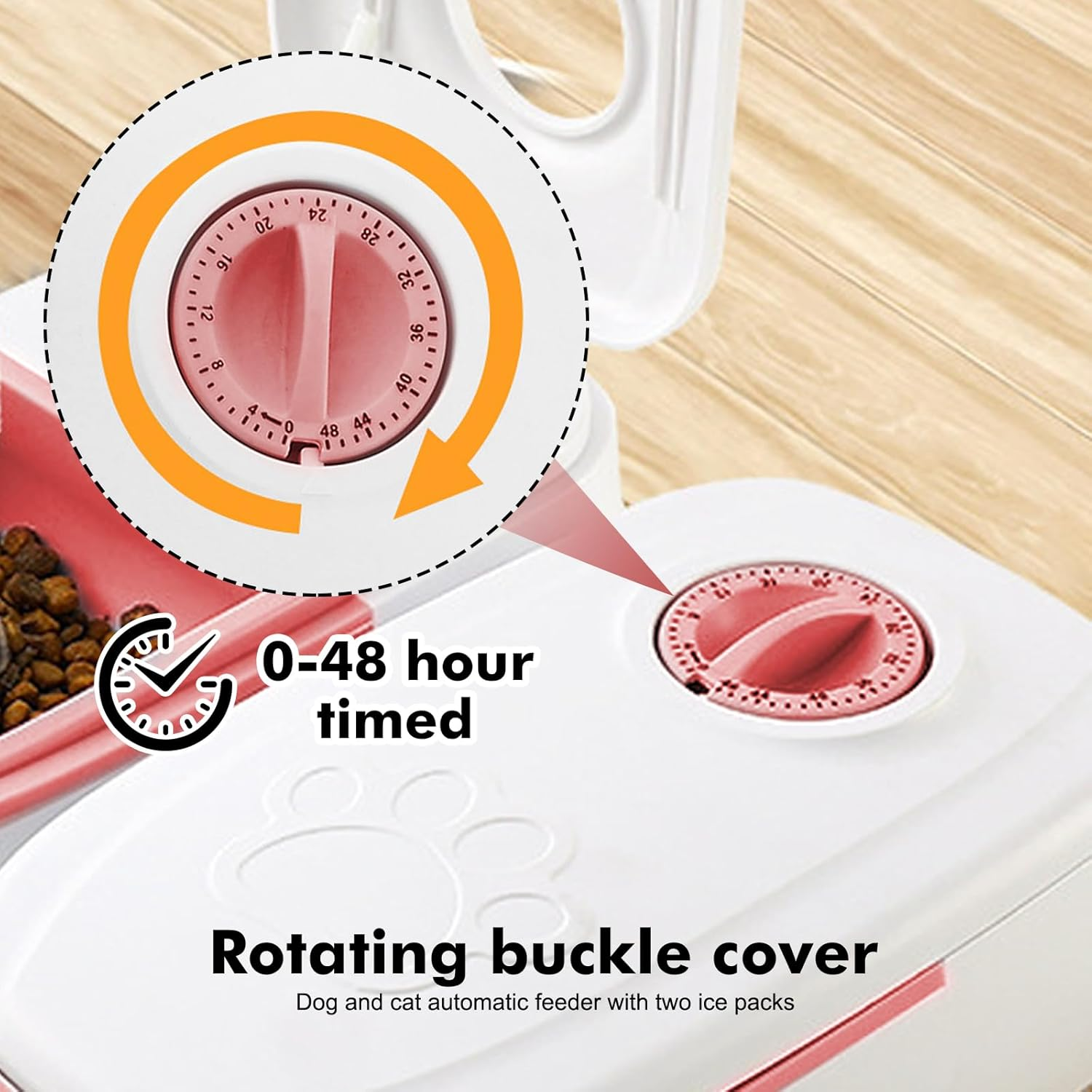 Ein weißer Futterautomat mit einem rosafarbenen Timer (0-48 Stunden) und Futter.