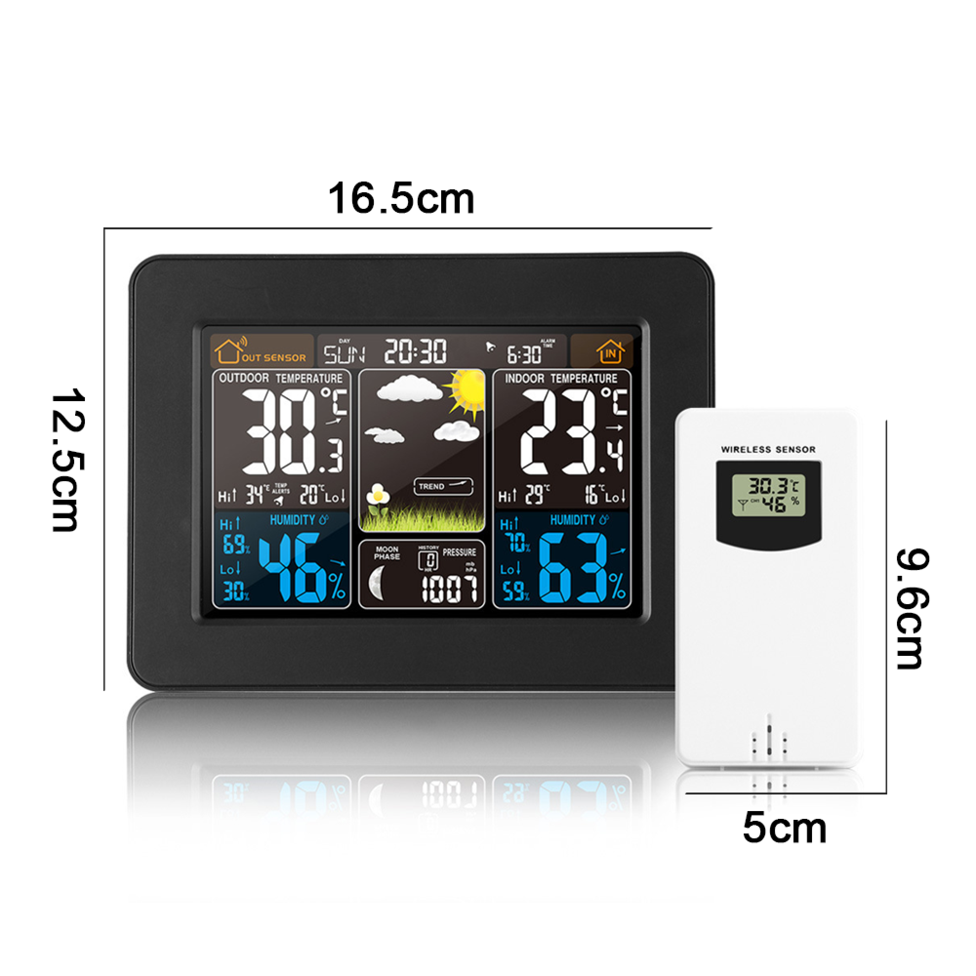 Ein schwarzes Wetterstation-Display zeigt Außen-/Inn­temp, Luftfeuchtigkeit, Mondphase und mehr an.