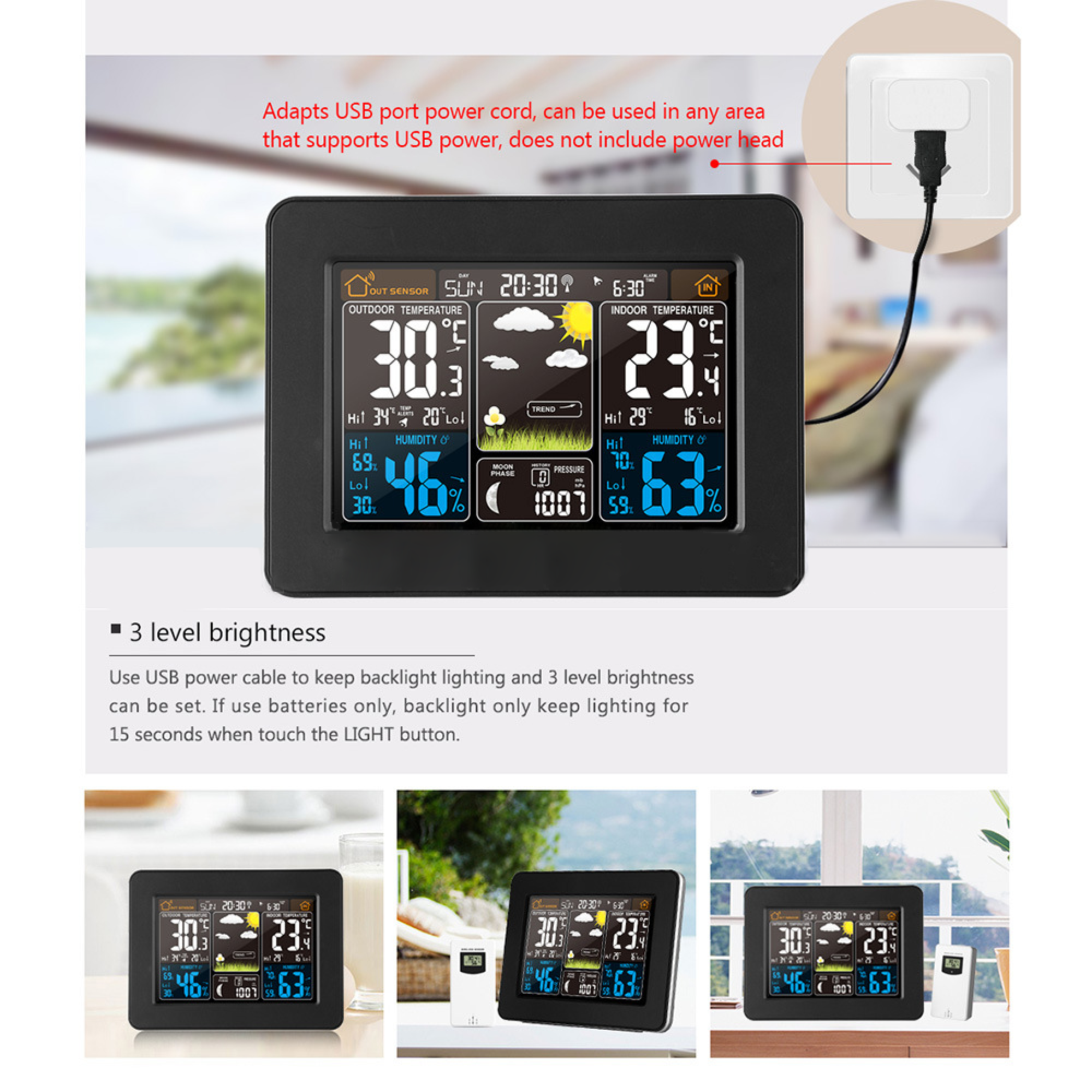 Digitale Wetterstation mit Außen- und Innentemperatur, Luftfeuchtigkeit und Druck.