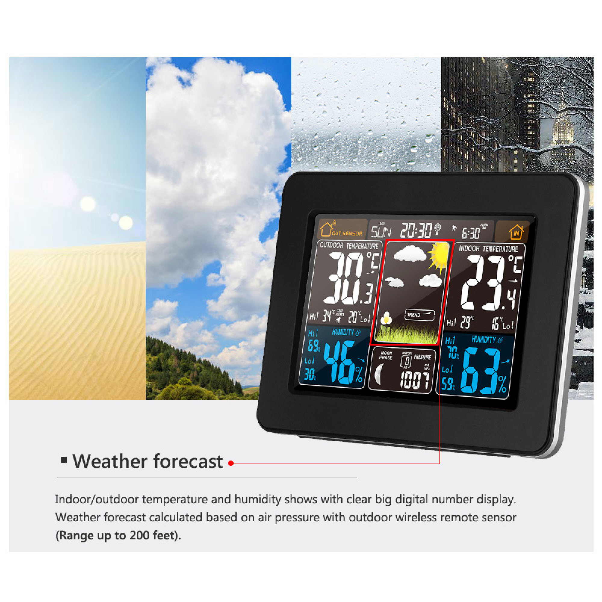 Ein Wetterstation-Display zeigt Außen-/Innertemperatur, Luftfeuchtigkeit und Uhrzeit an.