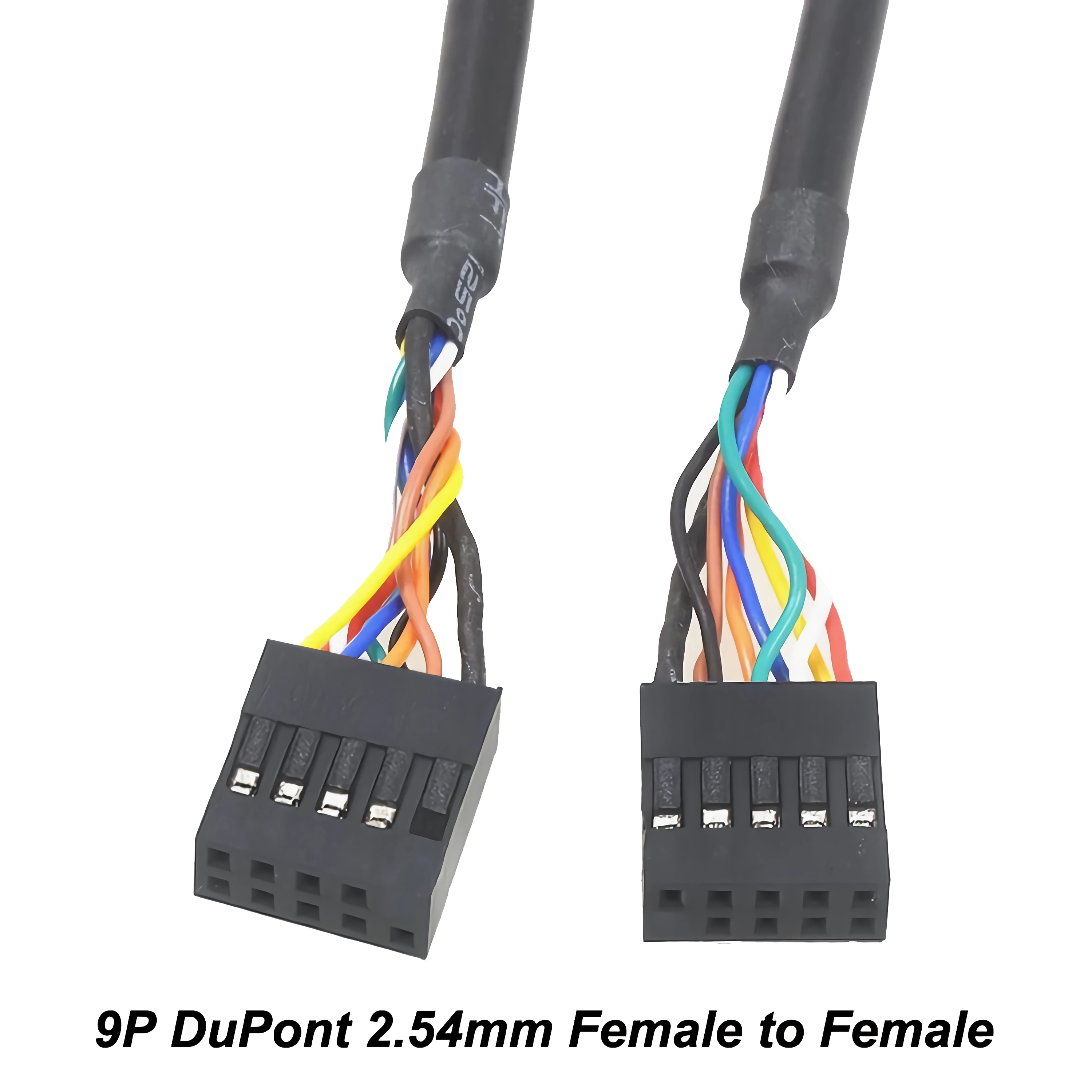 Zwei Dupont-Kabel mit 9 Pins, 2,54 mm, Buchse zu Buchse, mit bunten Drähten.