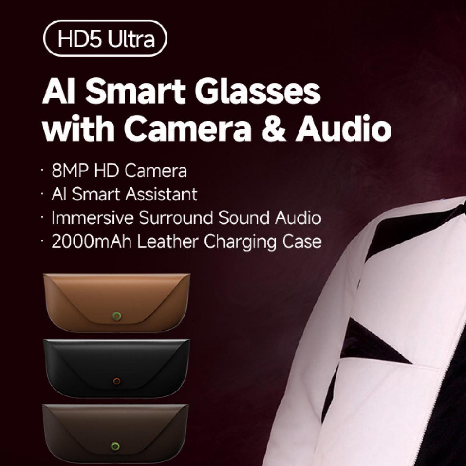 HD5 Ultra AI Smart Glasses mit Kamera und Audio, drei Ladecases in Braun, Schwarz und Dunkelbraun.