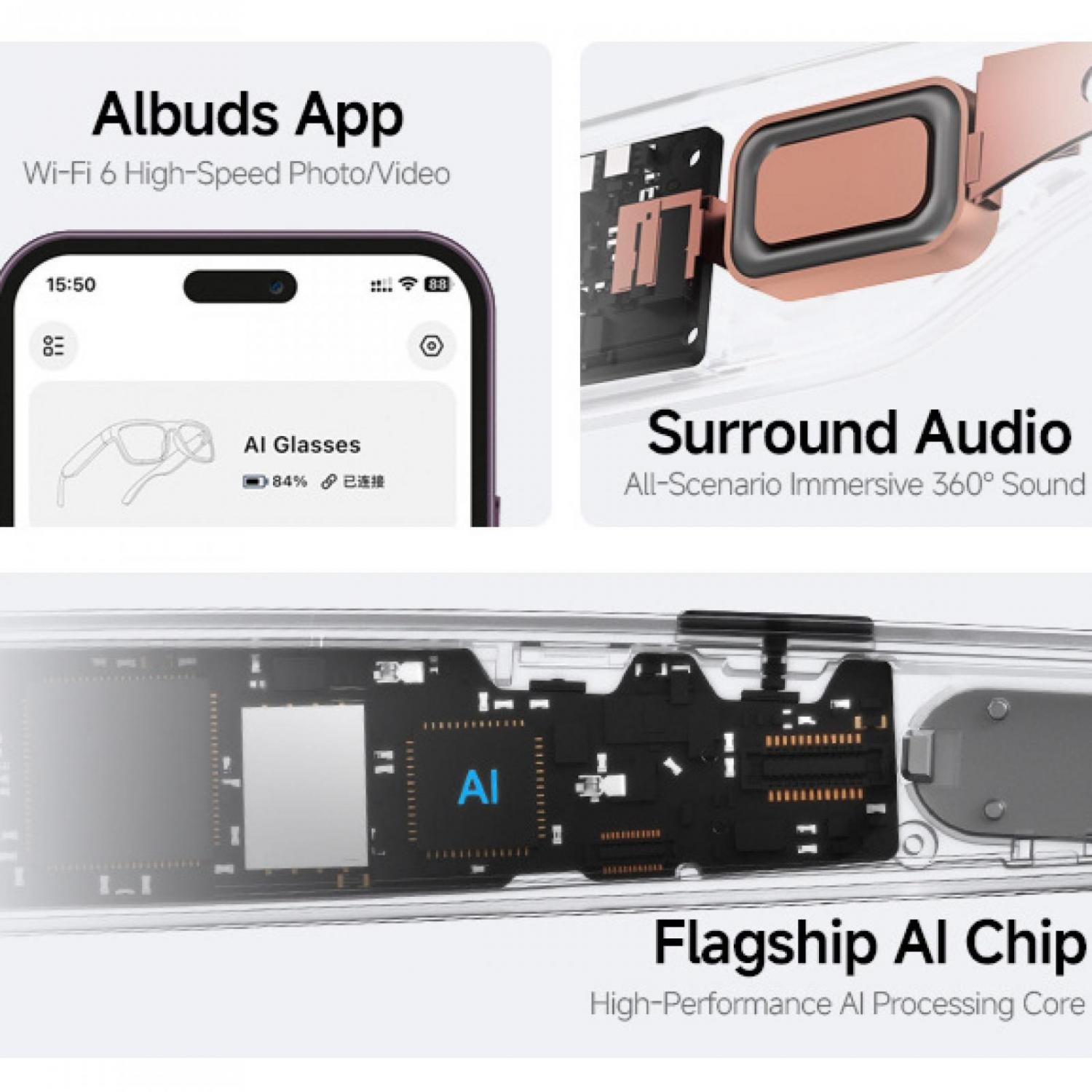 App-Ansicht, Kopfhörer-Detail und KI-Chip-Layout.