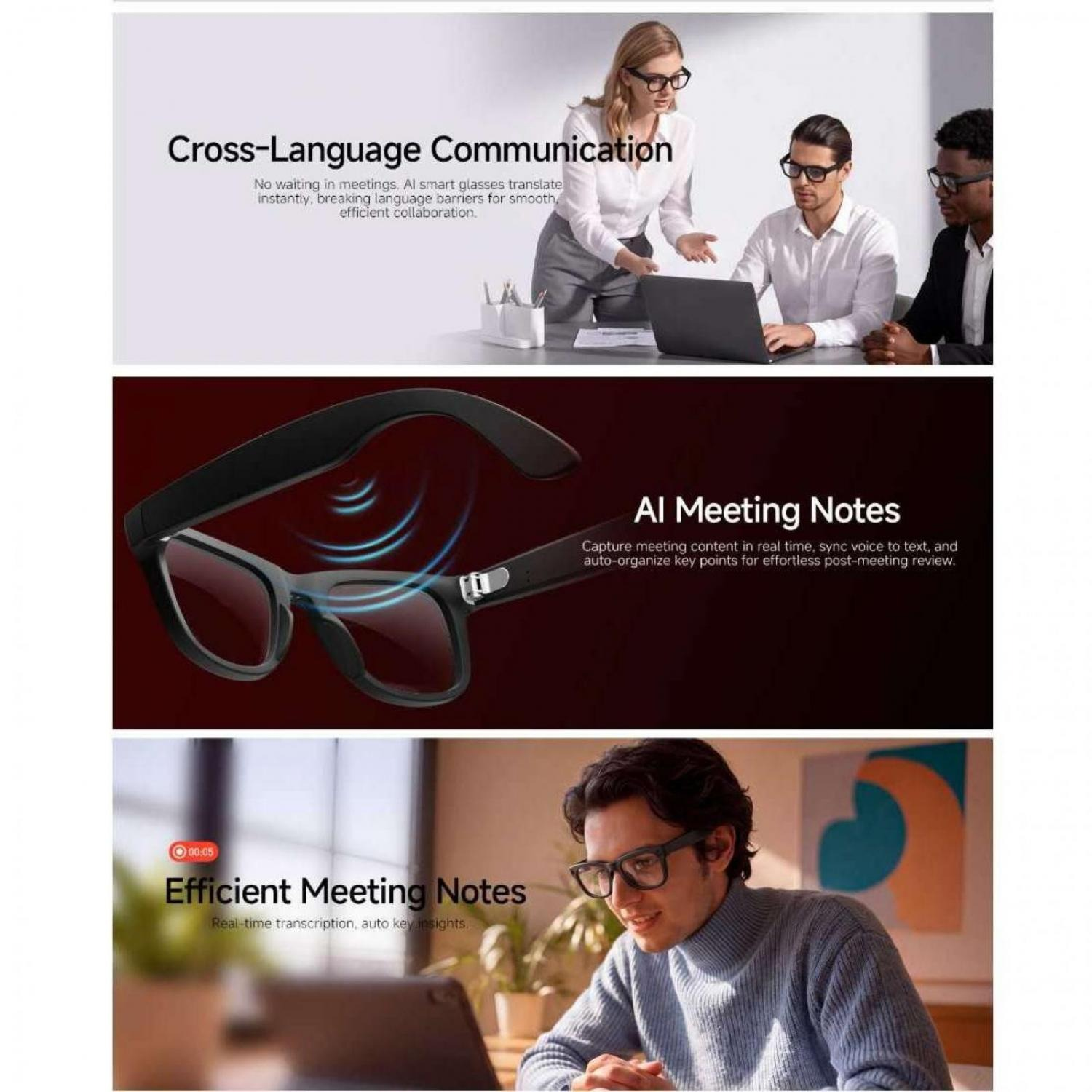 Drei Personen bei einem Meeting, eine Frau mit Brille erklärt etwas.