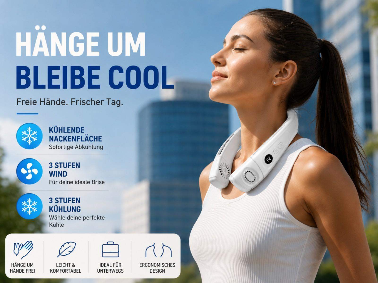 Eine Frau trägt einen weißen Nackenventilator, der für kühle Luft sorgt.