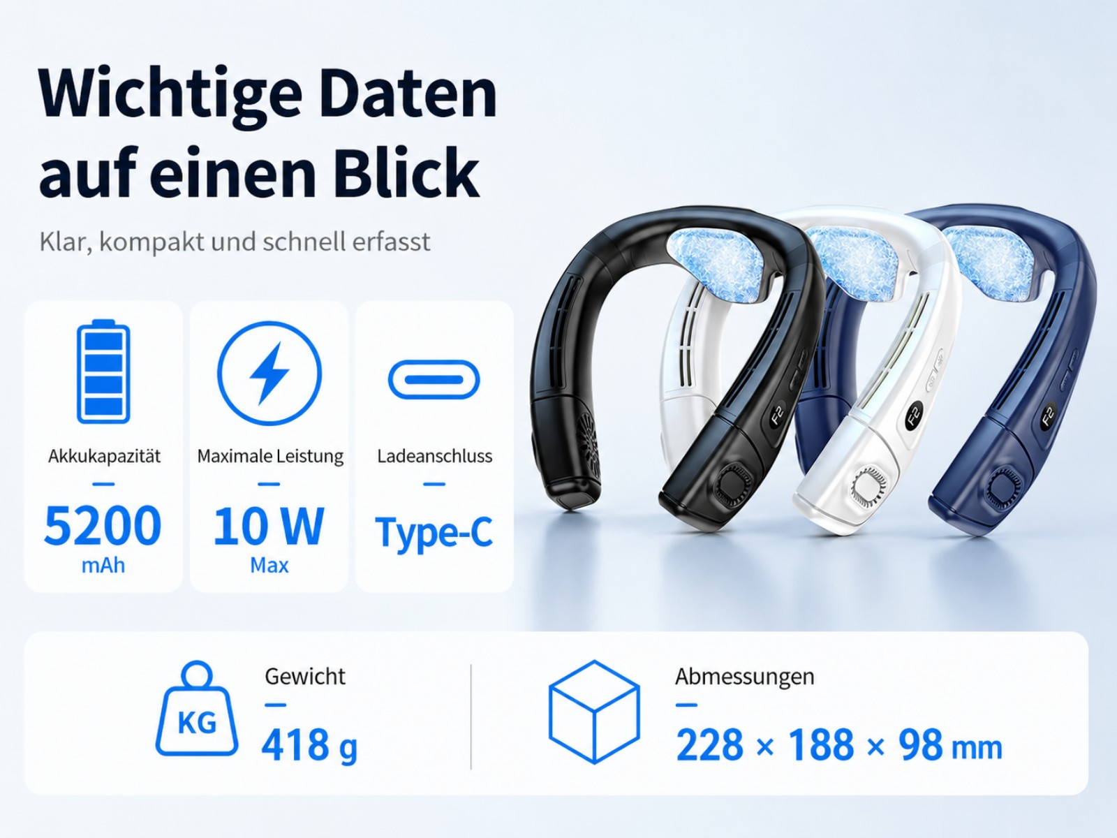Halsventilator mit 5200mAh, 10W Leistung, Typ-C, 418g, 228x188x98mm.