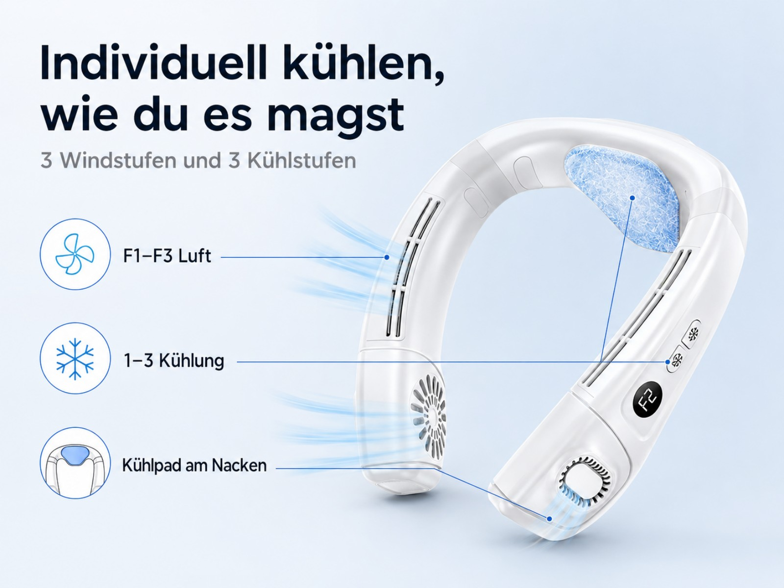 Ein weißer Nackenfächer mit Kühlpad, 3 Lüfterstufen und 3 Kühlstufen.