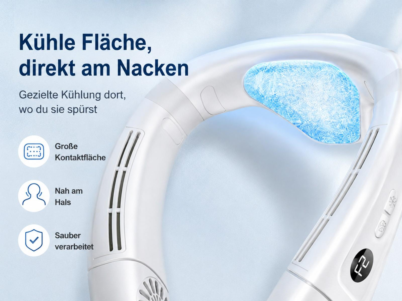 Ein weißer Nackenventilator mit blauem Kühlelement und Text.