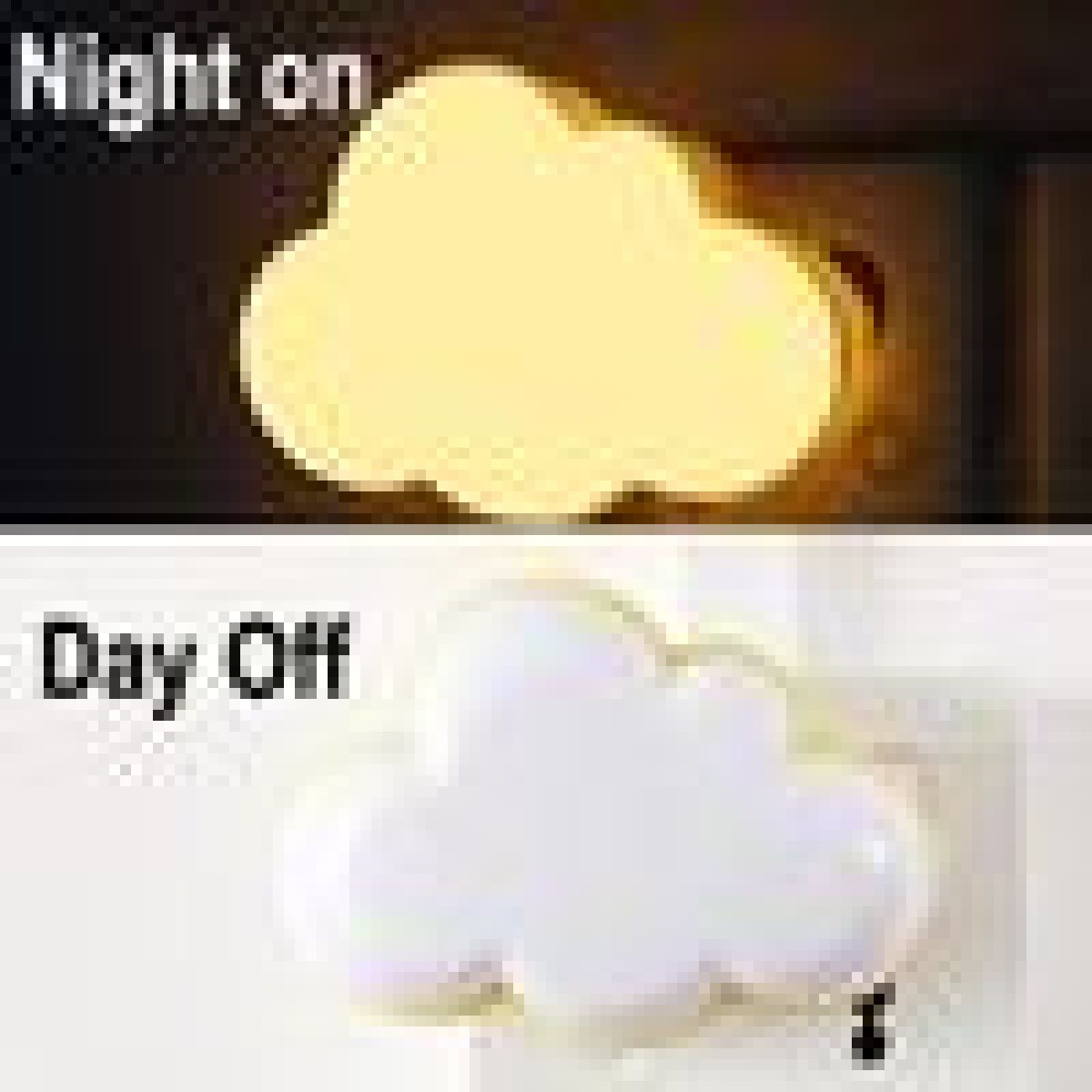 Eine wolkenförmige Nachtlampe, ein und aus. Gelber Schein bei Nacht, weiß tagsüber.