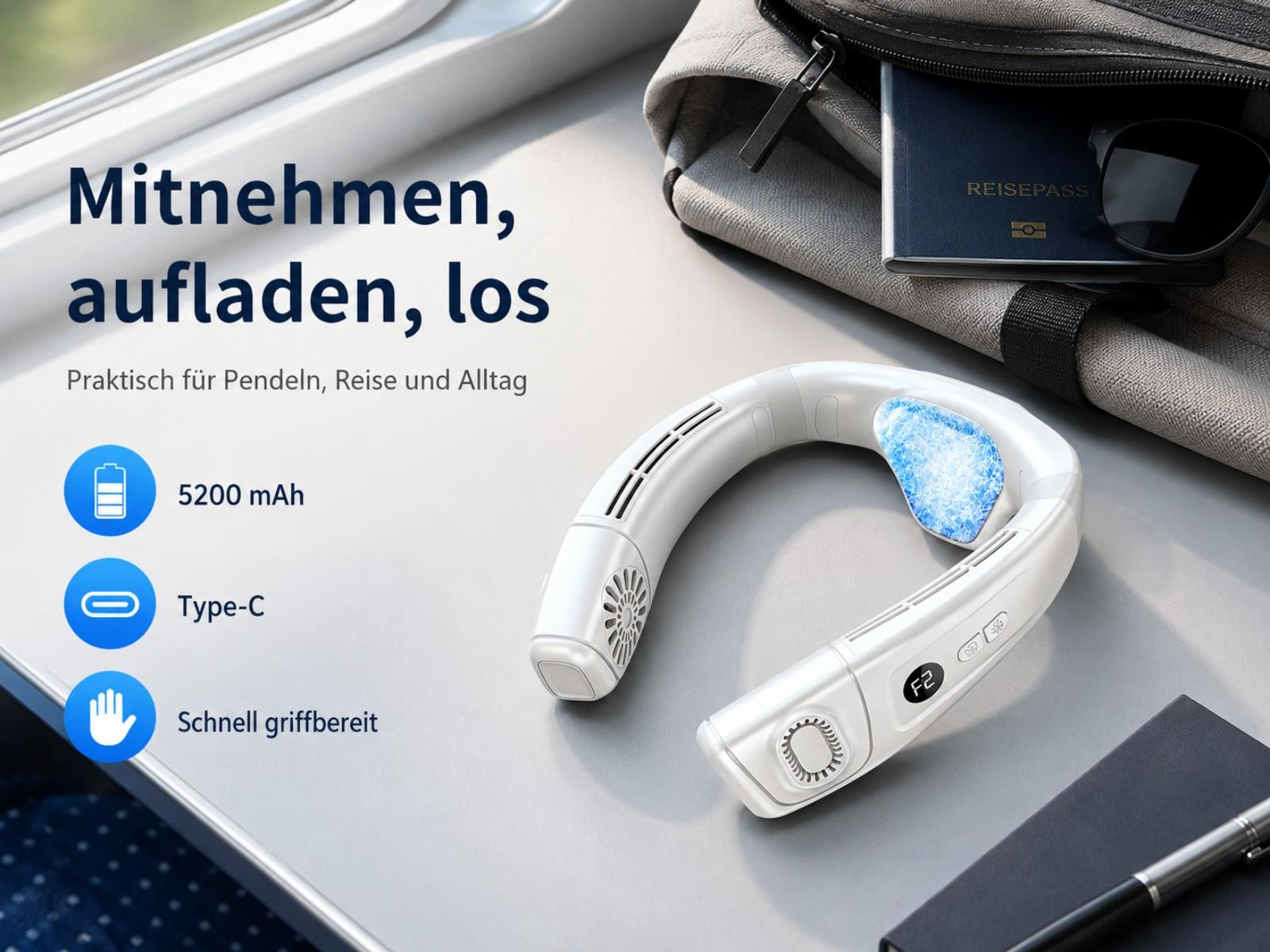 Ein weißer Nackenfächer mit blauem Kühlpad liegt auf einem Tisch neben einer Tasche.