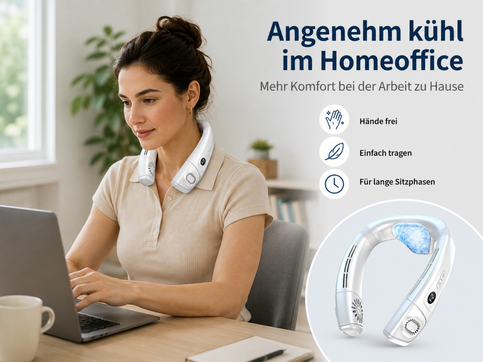 Frau im Homeoffice trägt einen Nackenventilator und tippt auf einem Laptop.