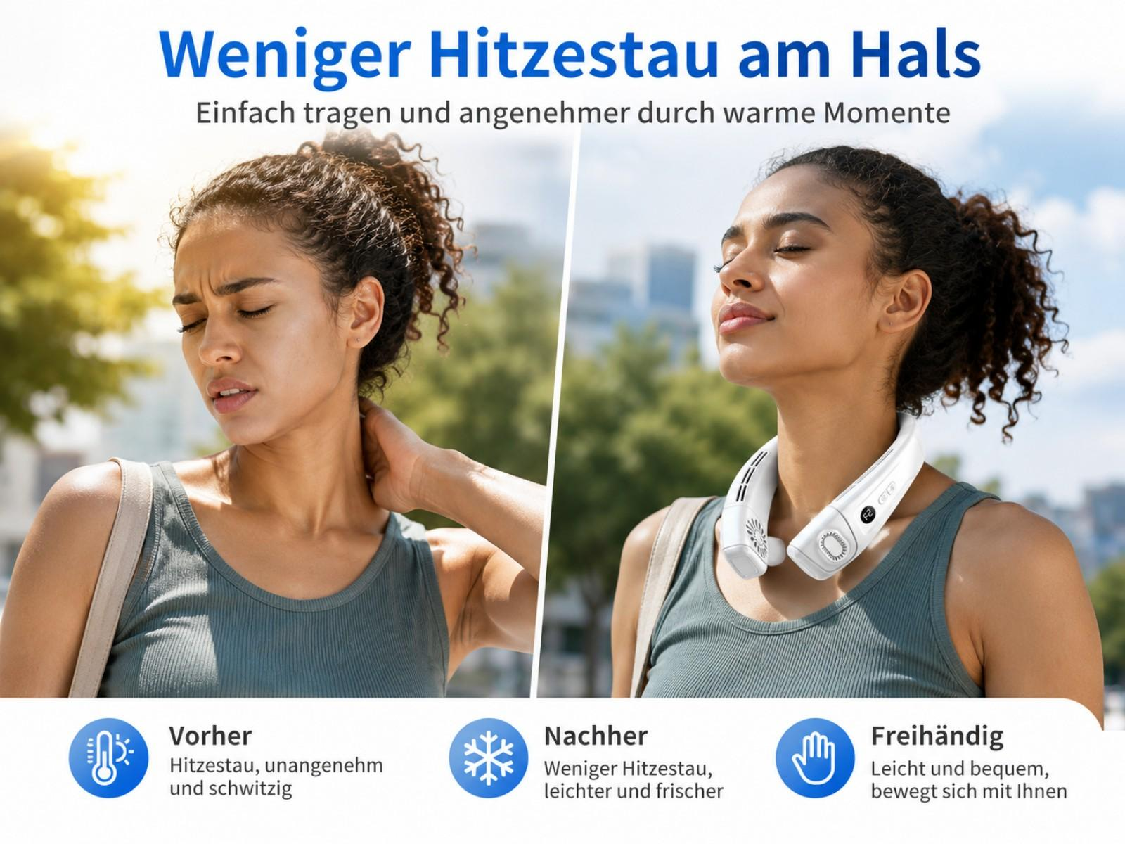 Frau mit Nackenventilator, vorher unangenehm, nachher erfrischt.