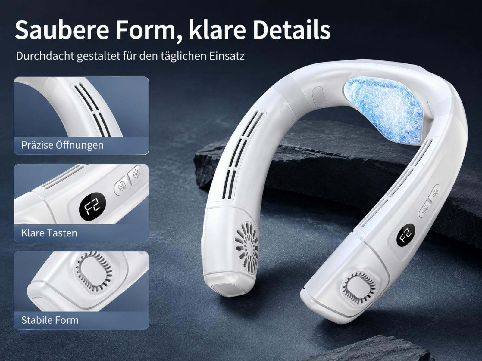 Ein weißer Nackenventilator mit blauen Akzenten, Lüftungsschlitzen und Tasten.