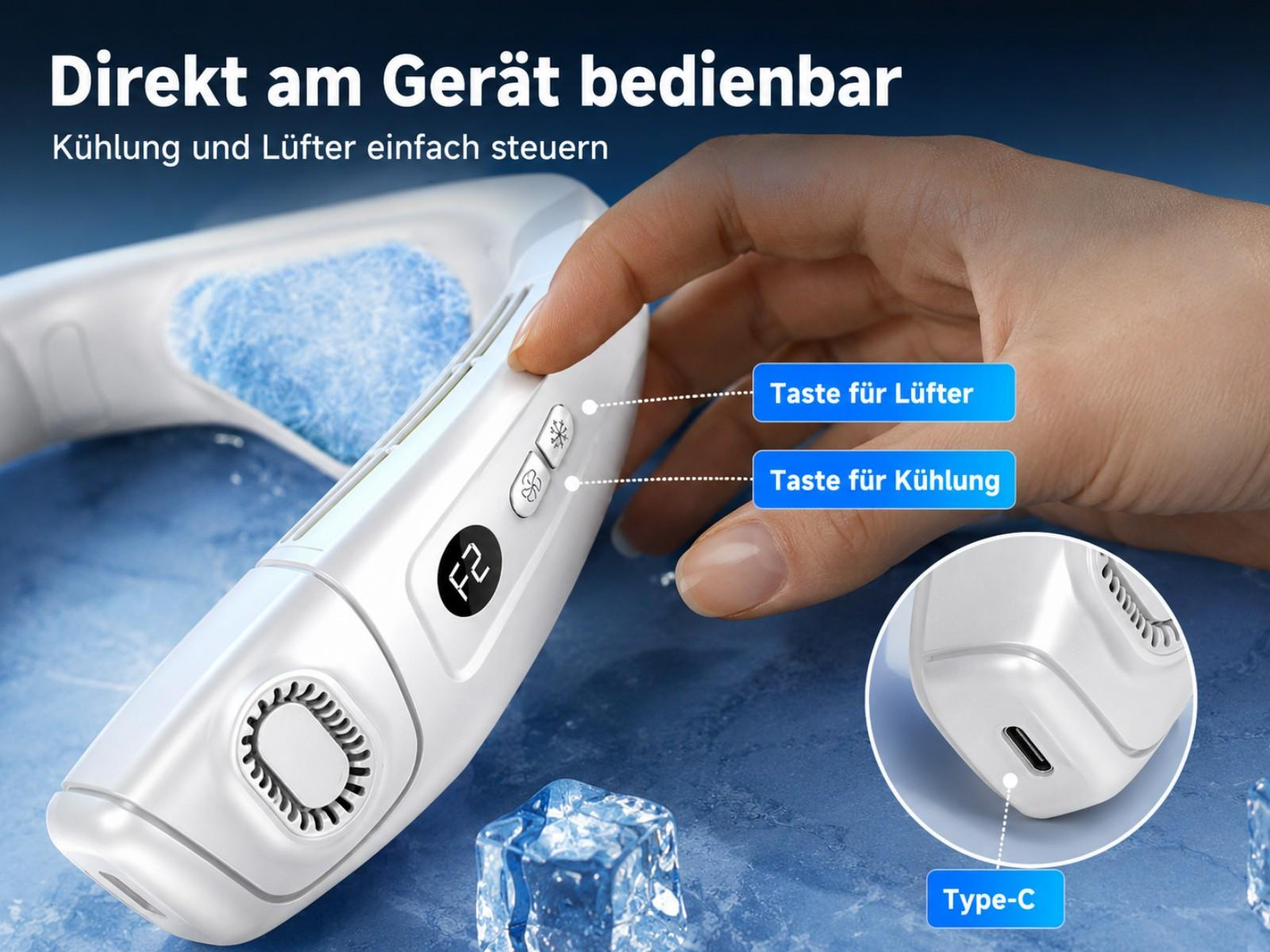 Hand bedient weißes Kühlgerät mit Lüfter- und Kühlknöpfen, Type-C-Anschluss.