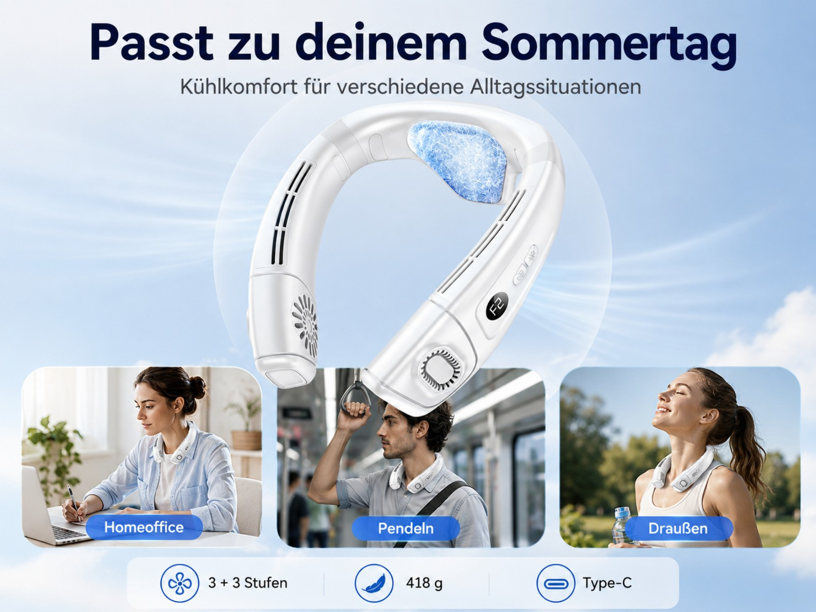 Ein Halsventilator für verschiedene Situationen: Homeoffice, Pendeln, Draußen.