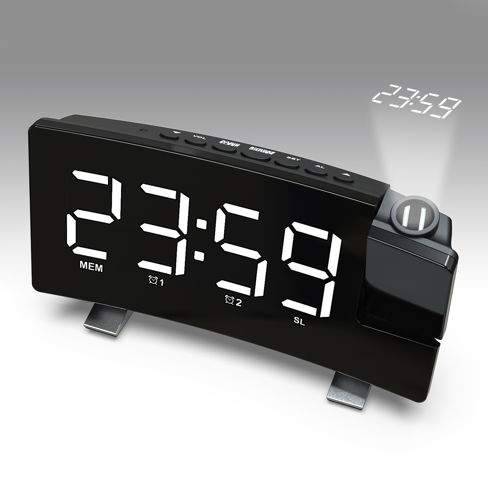 Schwarzer Digitalprojektionswecker zeigt 23:59 an, projiziert Zeit an Wand.
