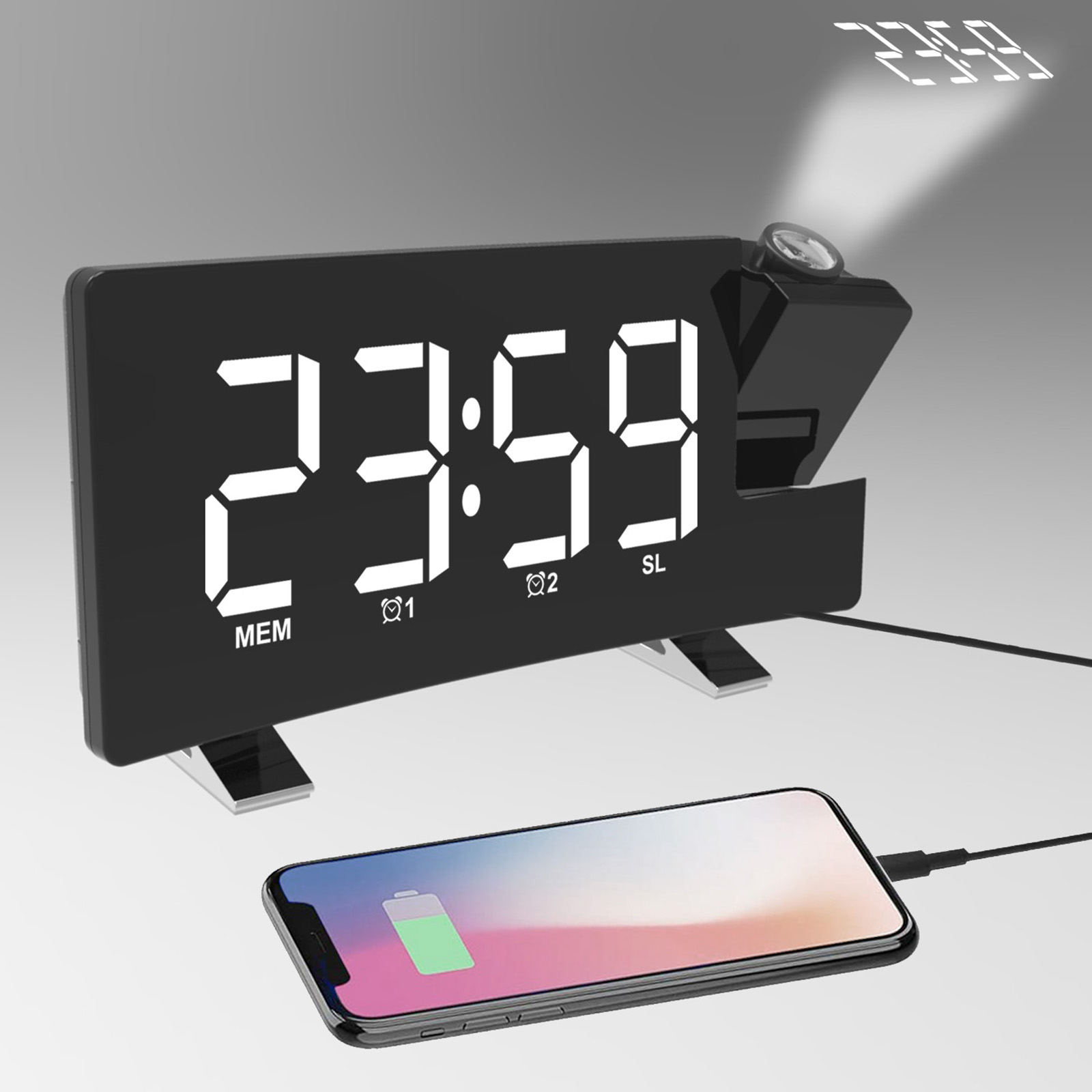 Digitaluhr projiziert 23:59 an Wand, Handy lädt.