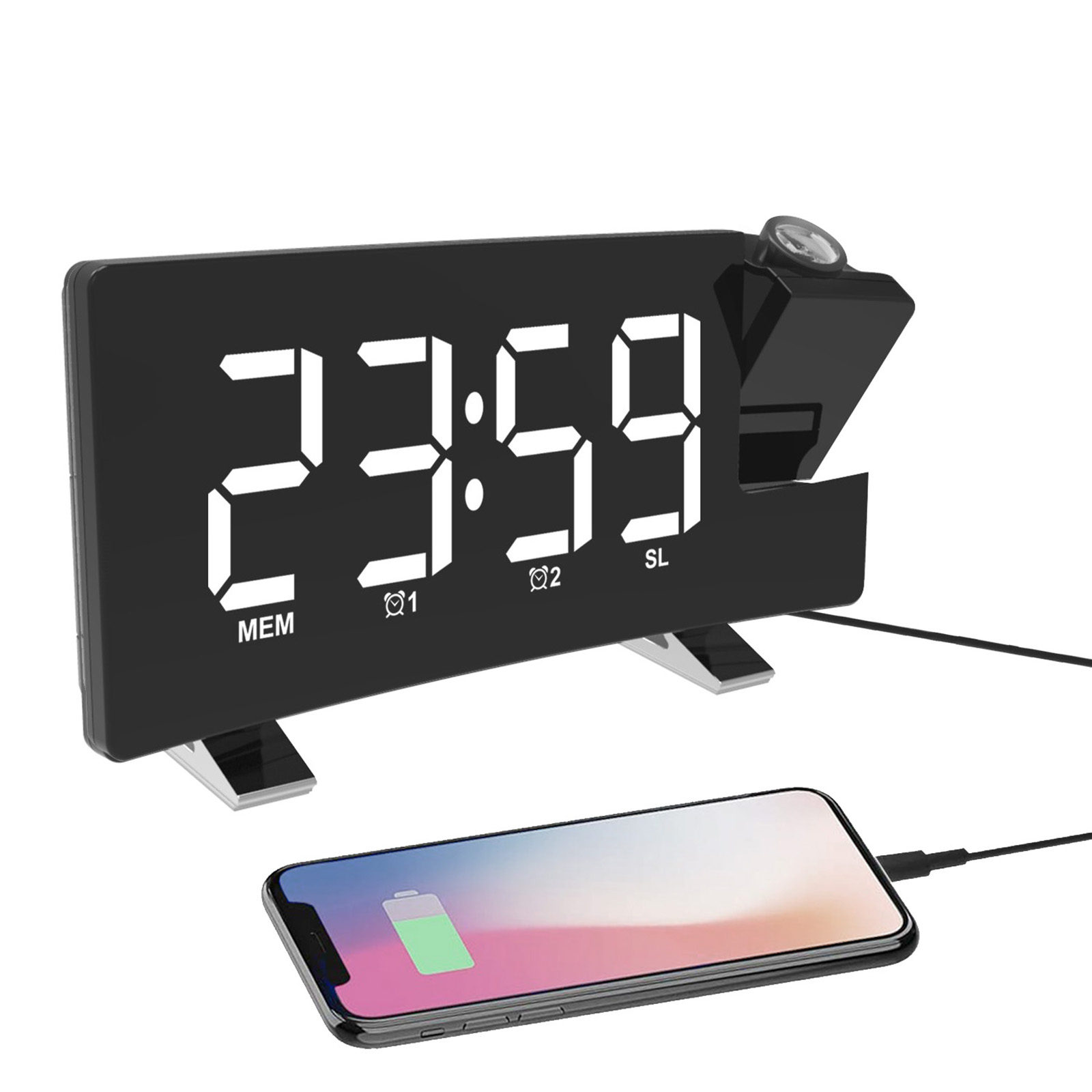 Digitaler Wecker zeigt 23:59, lädt ein Smartphone mit Akku-Symbol auf.