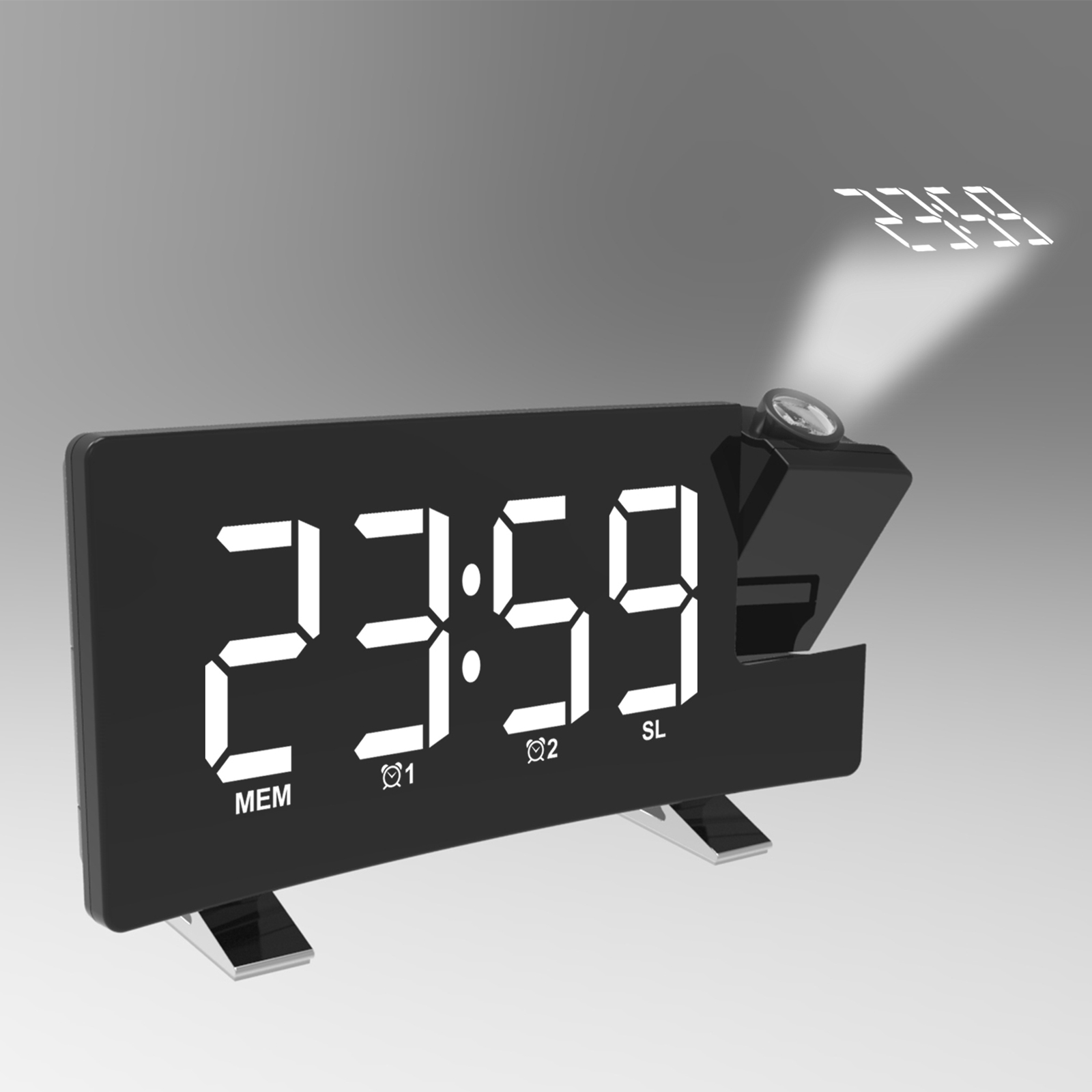 Ein schwarzer Digitalwecker mit Projektion zeigt 23:59. "MEM", "Q1", "Q2", "SL" sind sichtbar.