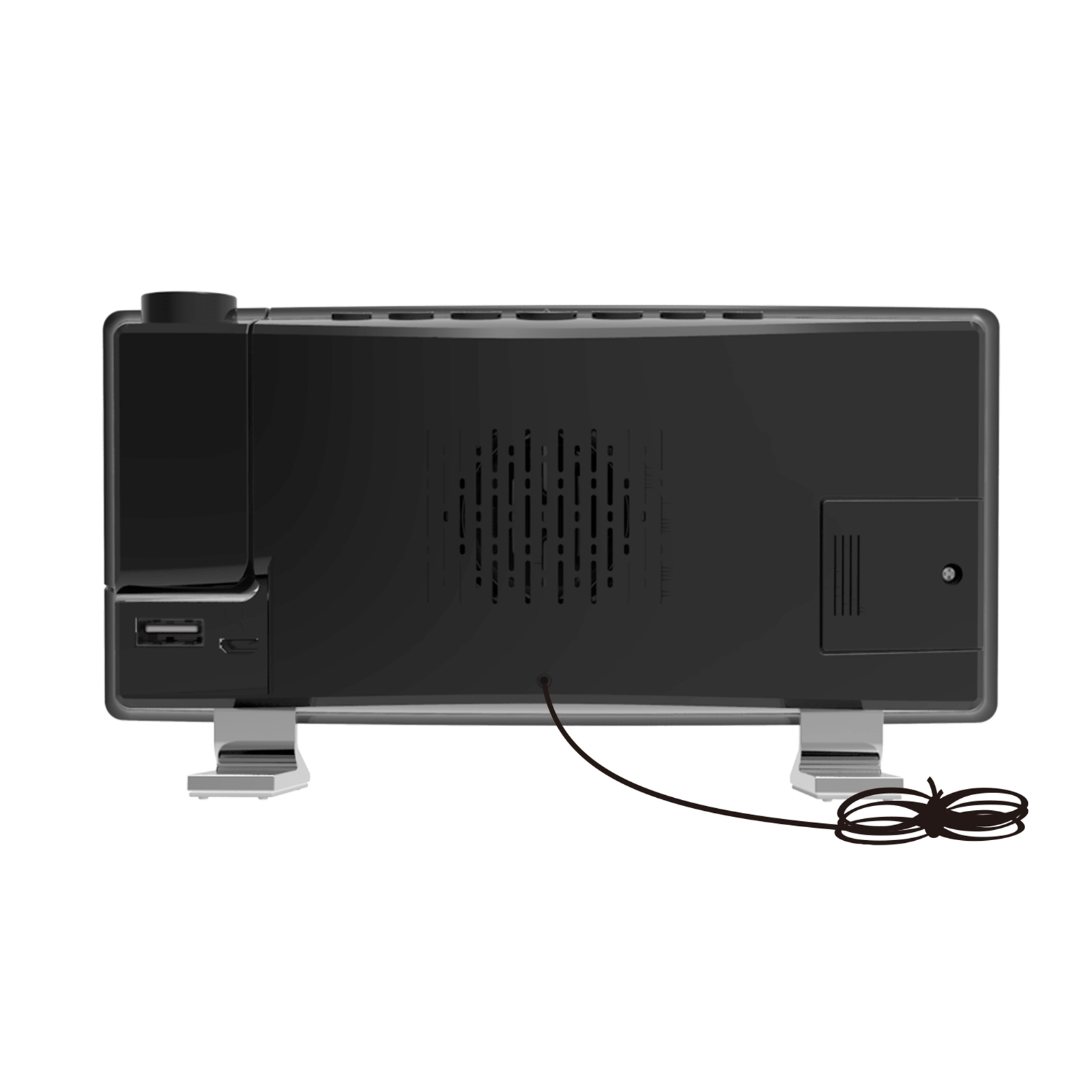Schwarzes Gerät mit USB-Anschluss, Lautsprechergitter und Kordel.