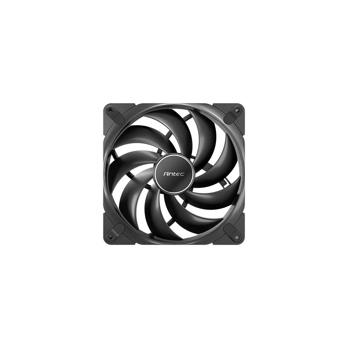 Schwarzer Computerlüfter mit gebogenen Rotorblättern und Antec-Logo.