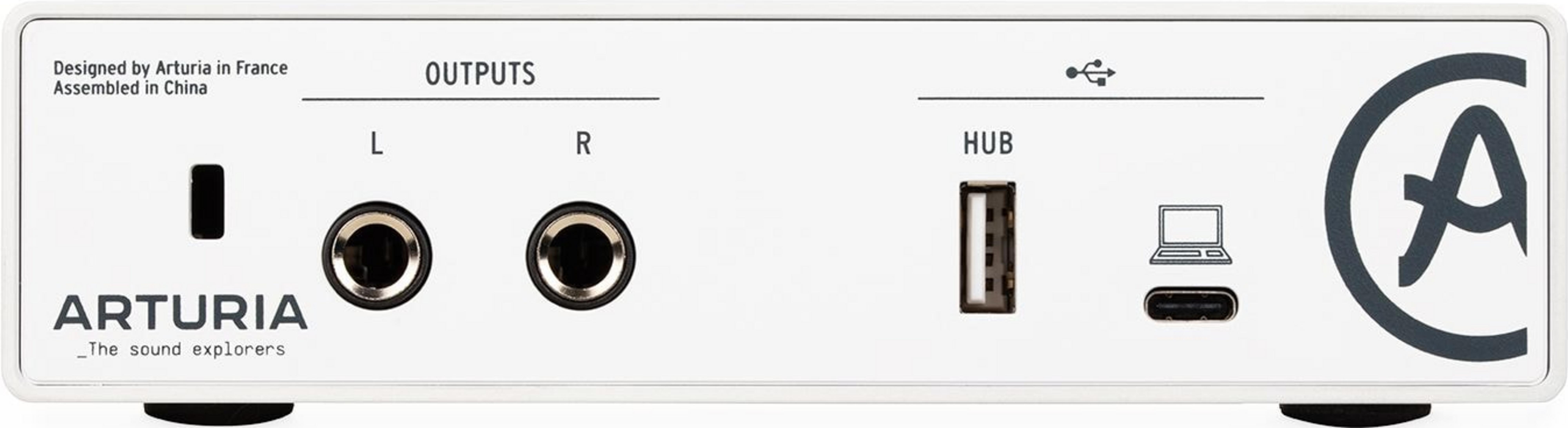Weiße Arturia Audiobox mit Anschlüssen: L/R-Ausgänge, USB-Hub, USB-C.