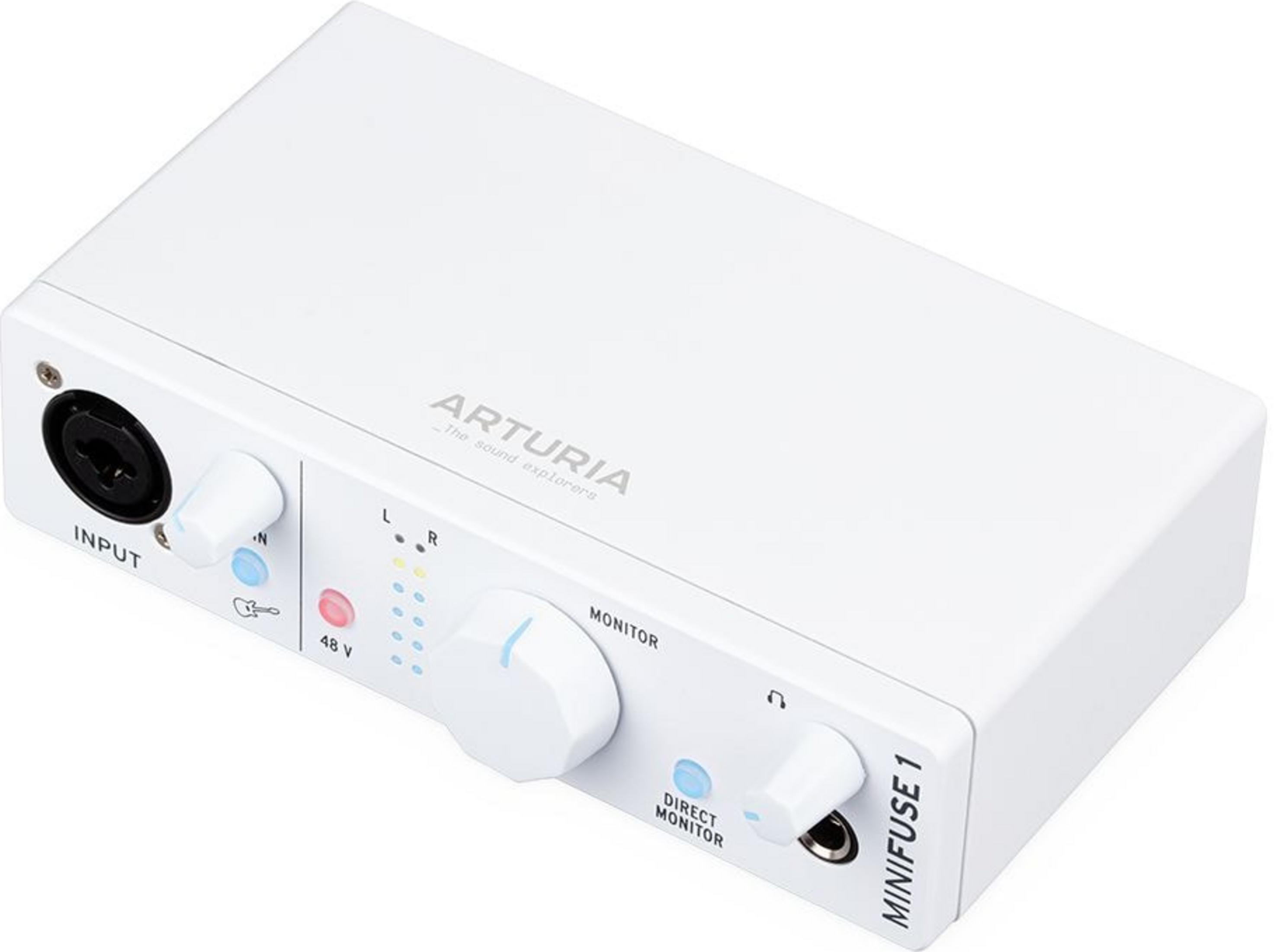 Ein weißes Arturia Minifuse 1 Audio-Interface mit Knöpfen und Anschlüssen.