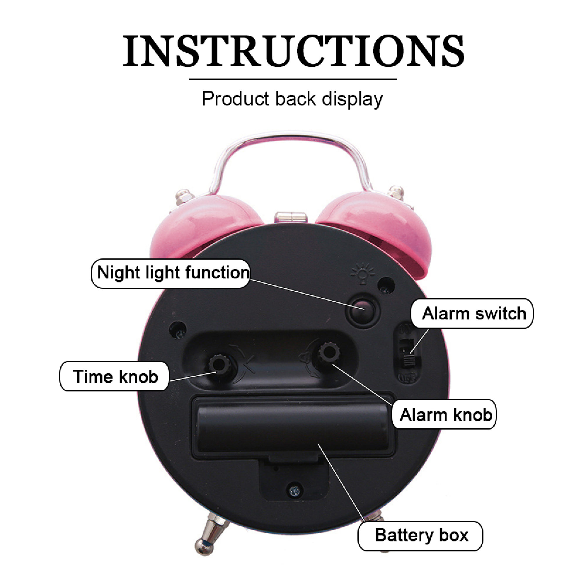 Rückseite eines rosa Weckers mit Zeiteinstellung, Alarmknopf, Batteriefach und Alarmregler.