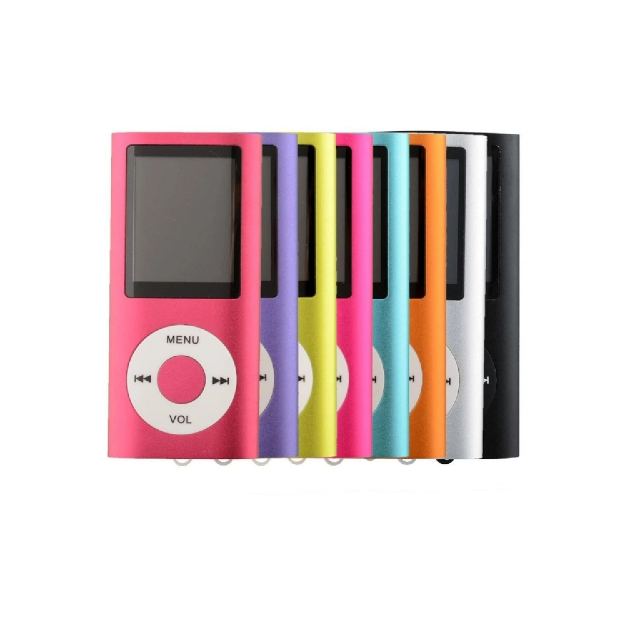 Mehrere farbige MP3-Player, nebeneinander aufgereiht.