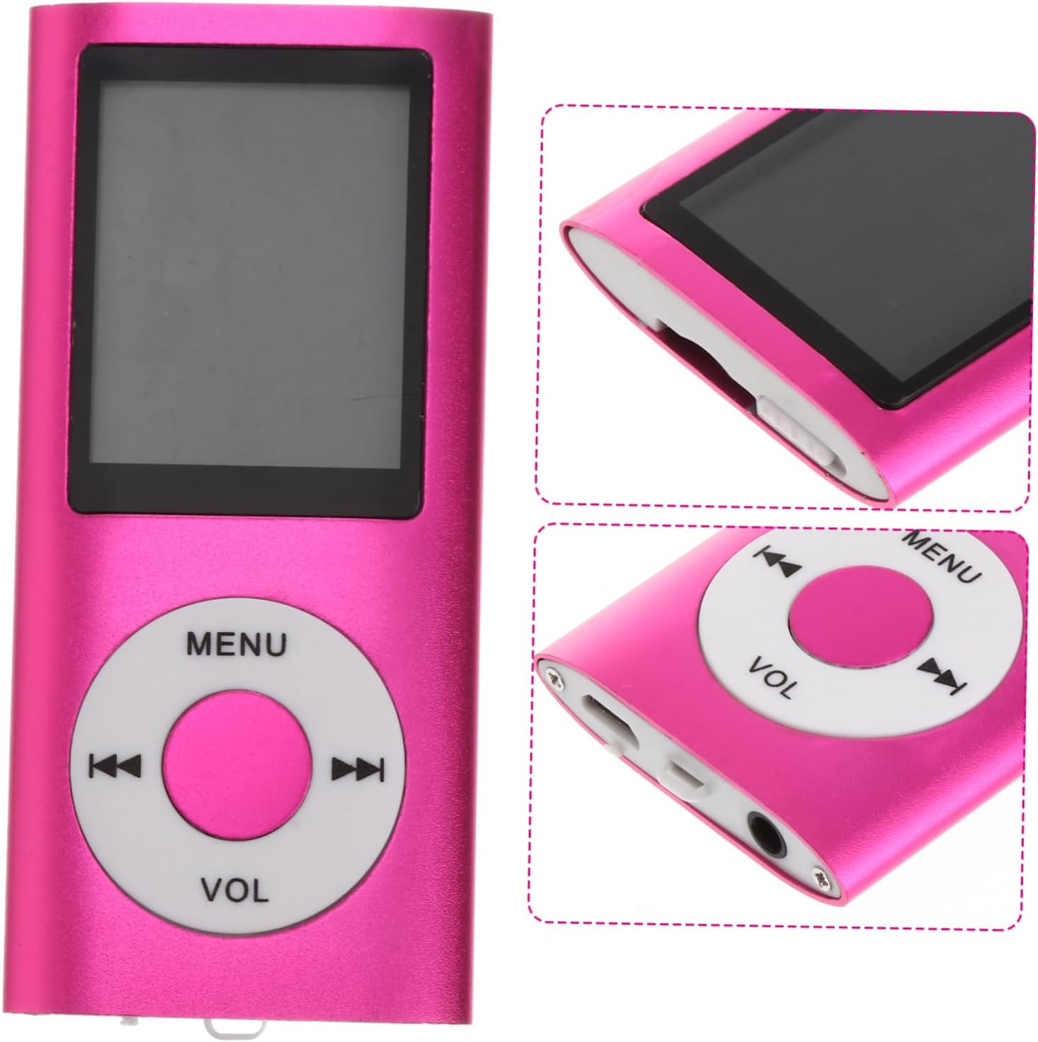 Ein rosafarbener MP3-Player mit schwarzem Bildschirm und Klickrad.