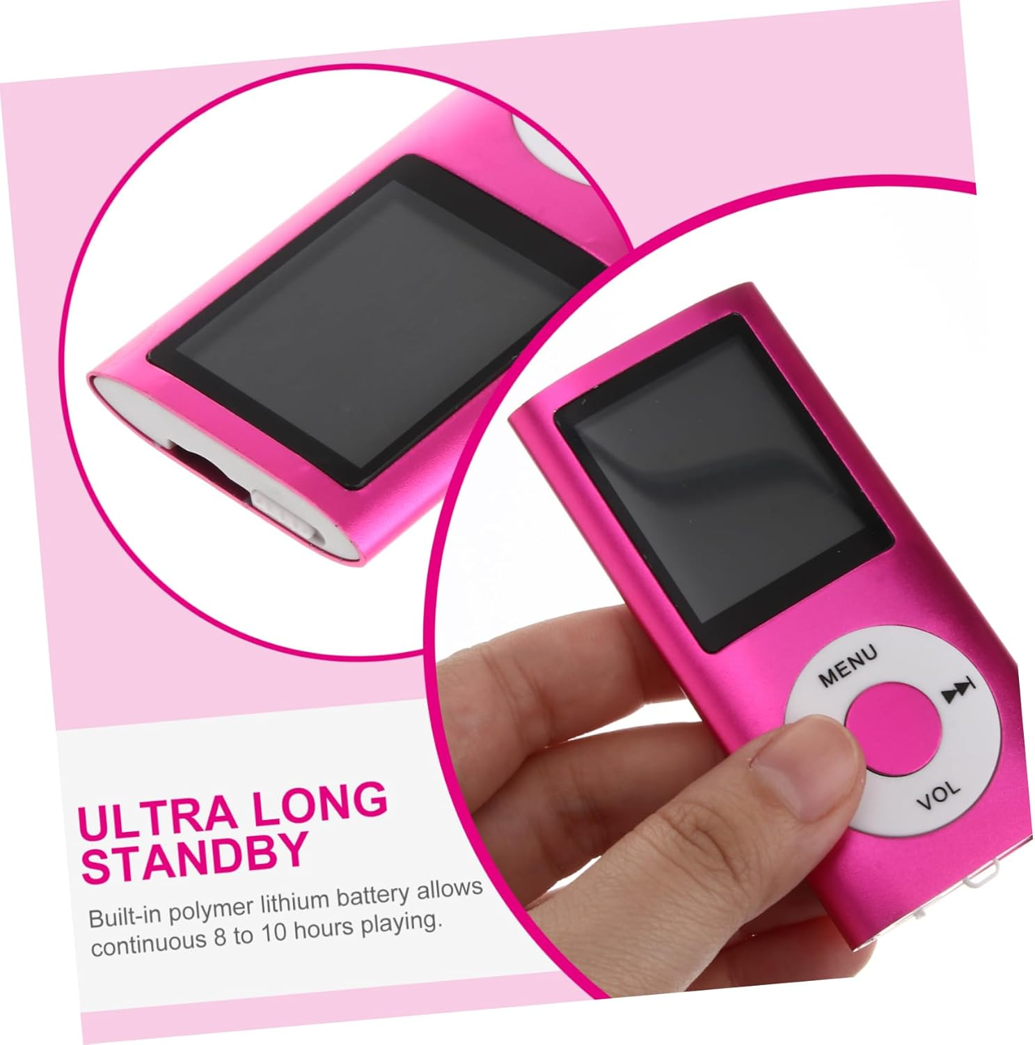Ein pinker MP3-Player mit schwarzem Bildschirm, der von einer Hand gehalten wird.