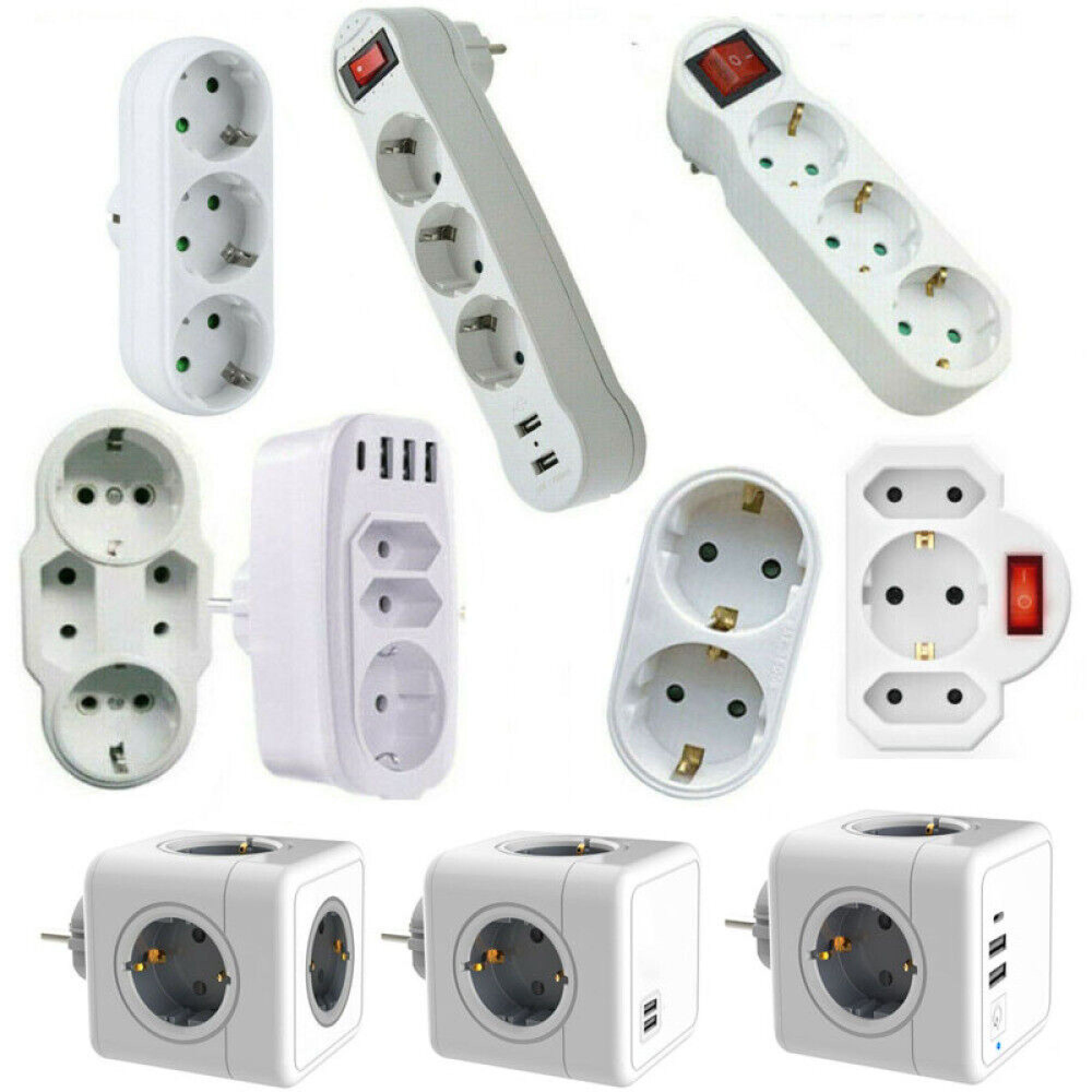 Eine Collage aus weißen und grauen Steckdosenadaptern und Verlängerungskabeln mit USB-Anschlüssen.