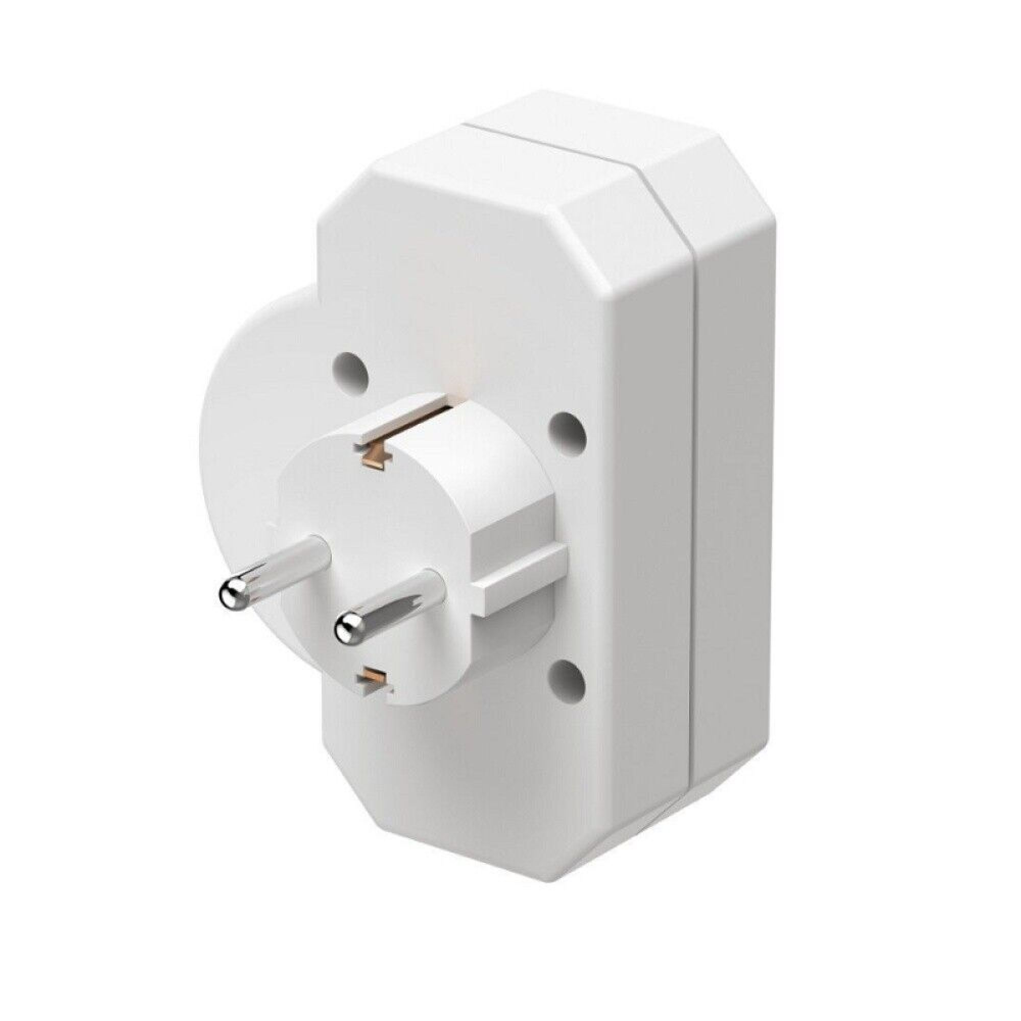 Weißer Mehrfachsteckdosenadapter mit drei silbernen Pins.