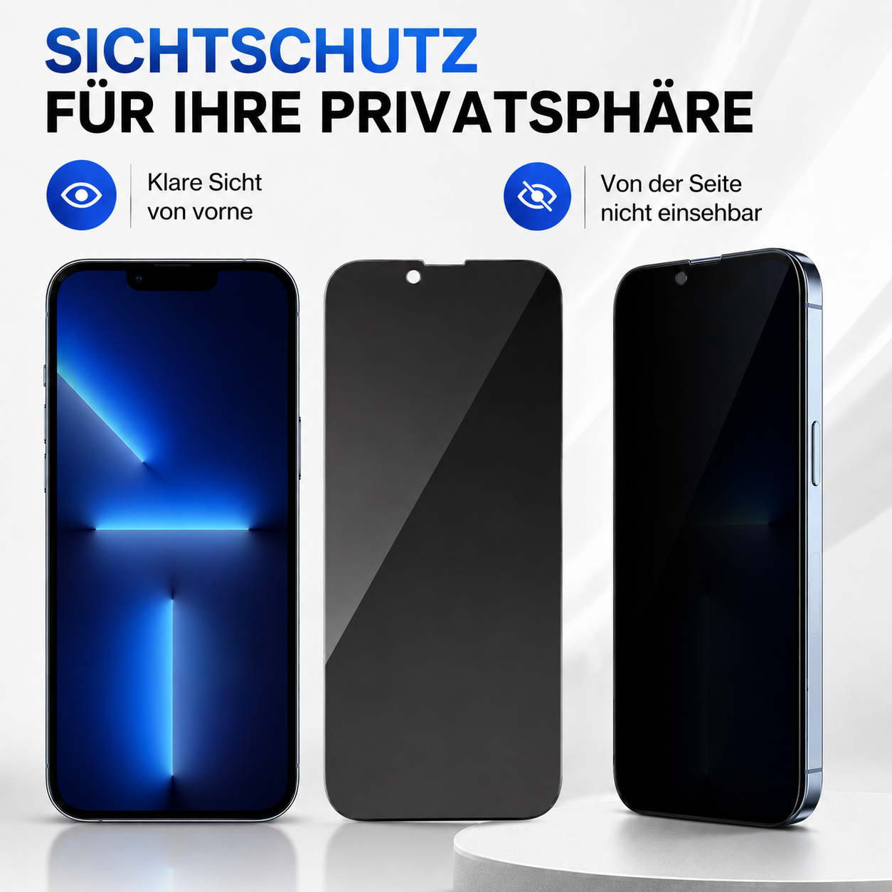 Drei Smartphones mit Sichtschutzfolien: eins mit blauem Display, zwei abgedeckt.
