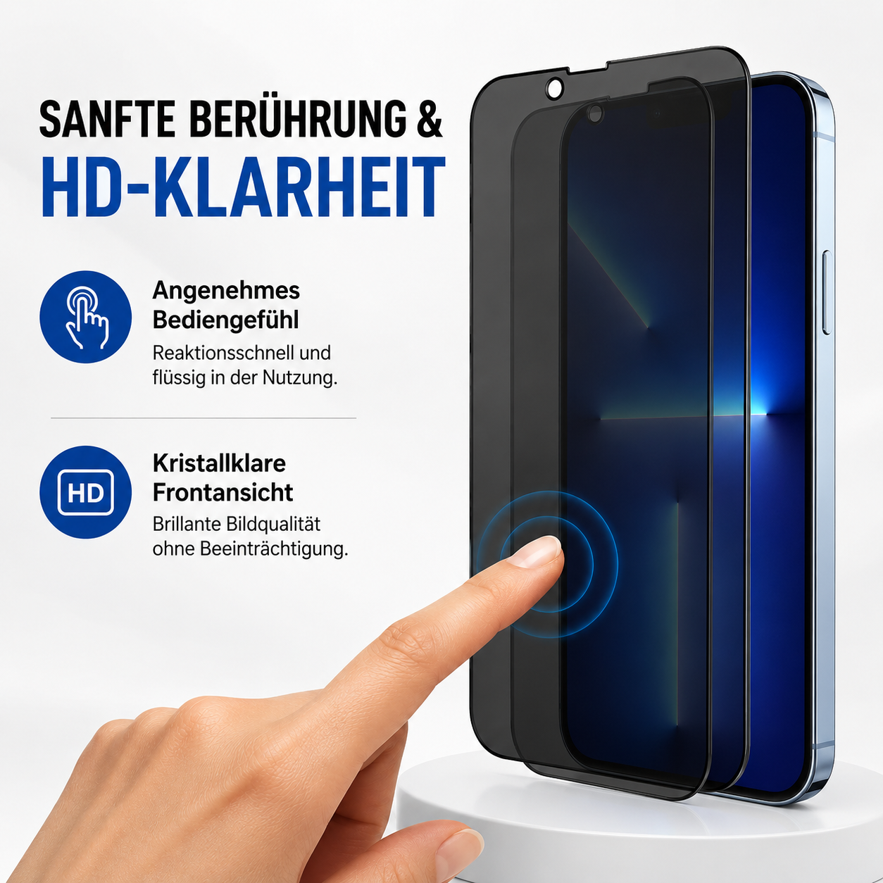 Eine Hand tippt auf ein Smartphone mit Displayschutzfolie. Text hebt HD-Klarheit hervor.