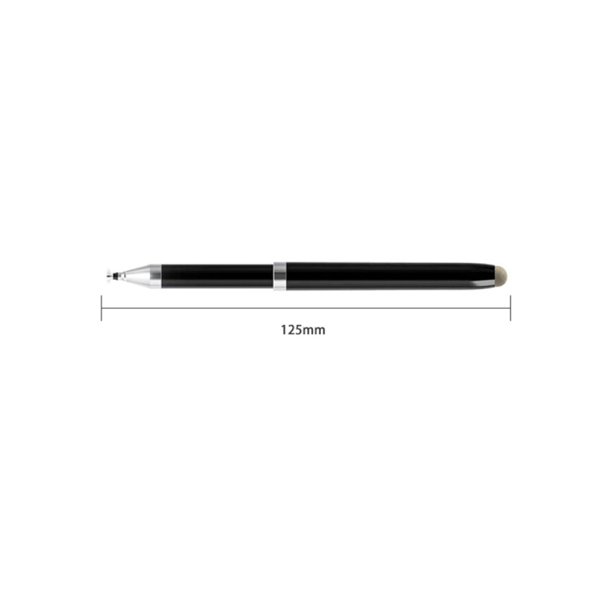 Schwarzer Stift mit Touchscreen-Spitze und silbernen Akzenten, 125mm lang.