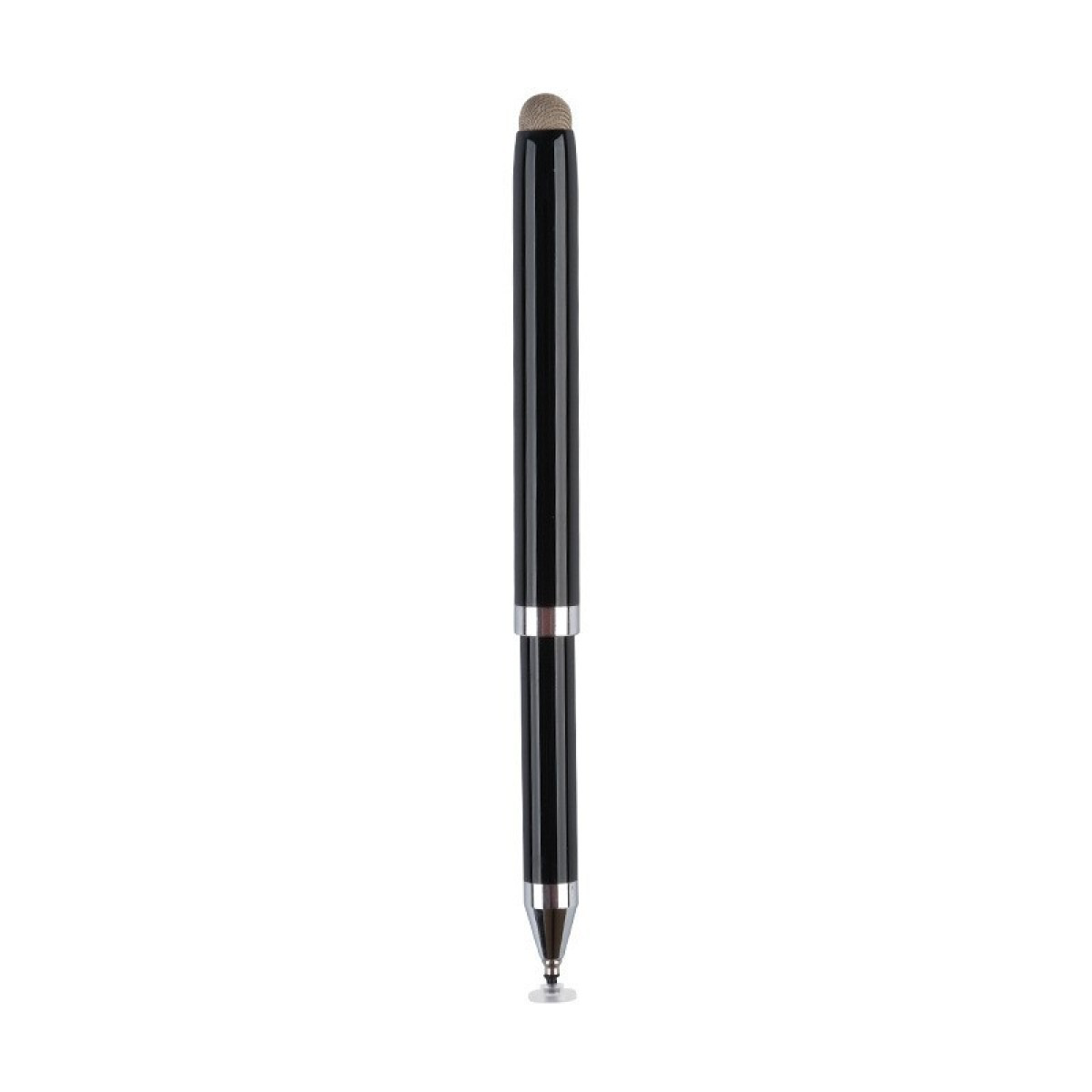 Ein schwarzer Touchscreen-Stift mit silbernen Akzenten und einer gummierten Spitze.