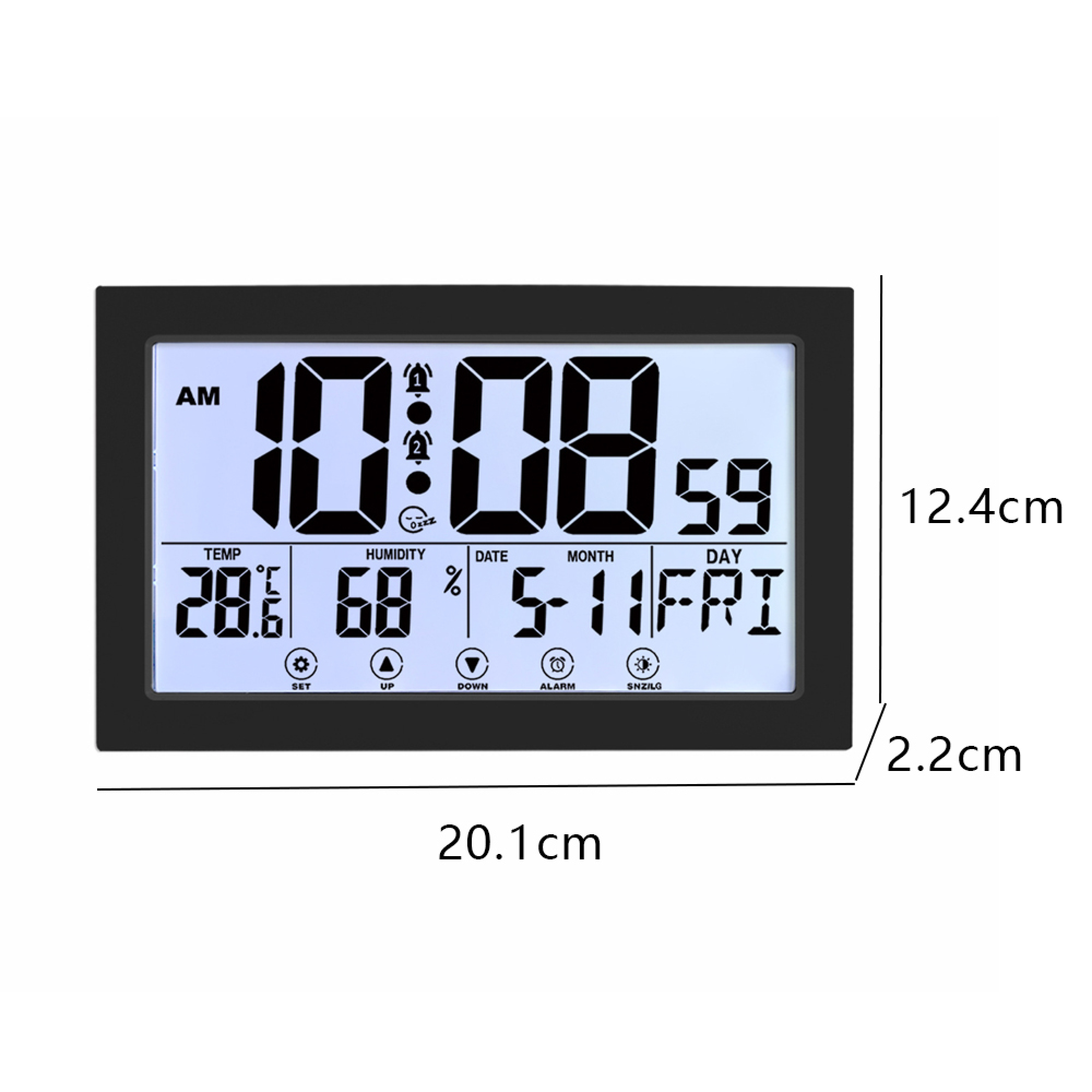 Digitaluhr zeigt 10:08:59, 28.6°C, 68% Luftfeuchtigkeit, 5. Nov, Fr.