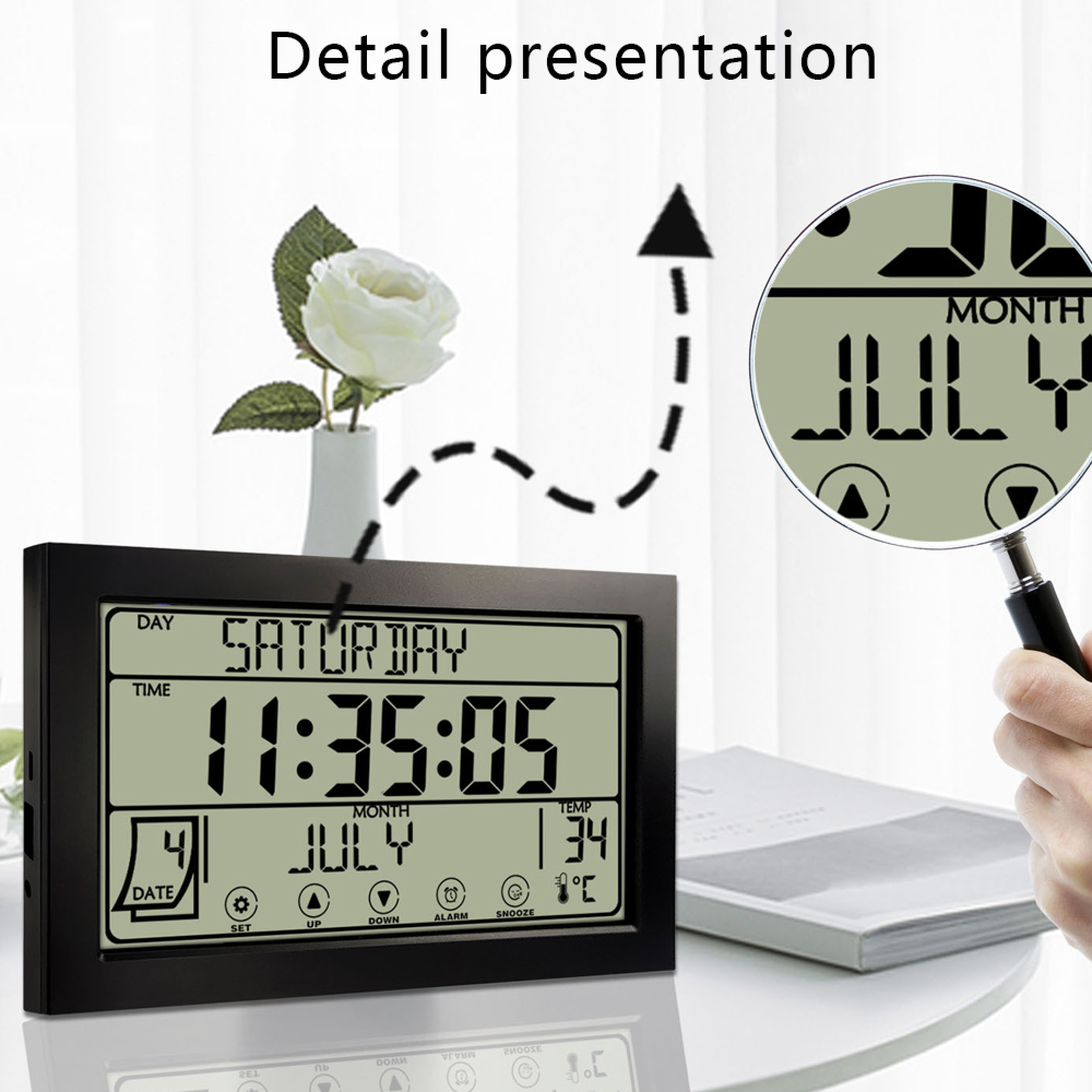 Digitaluhr zeigt Samstag, 11:35 Uhr, 4. Juli, 34°C an. Lupe zeigt Juli.