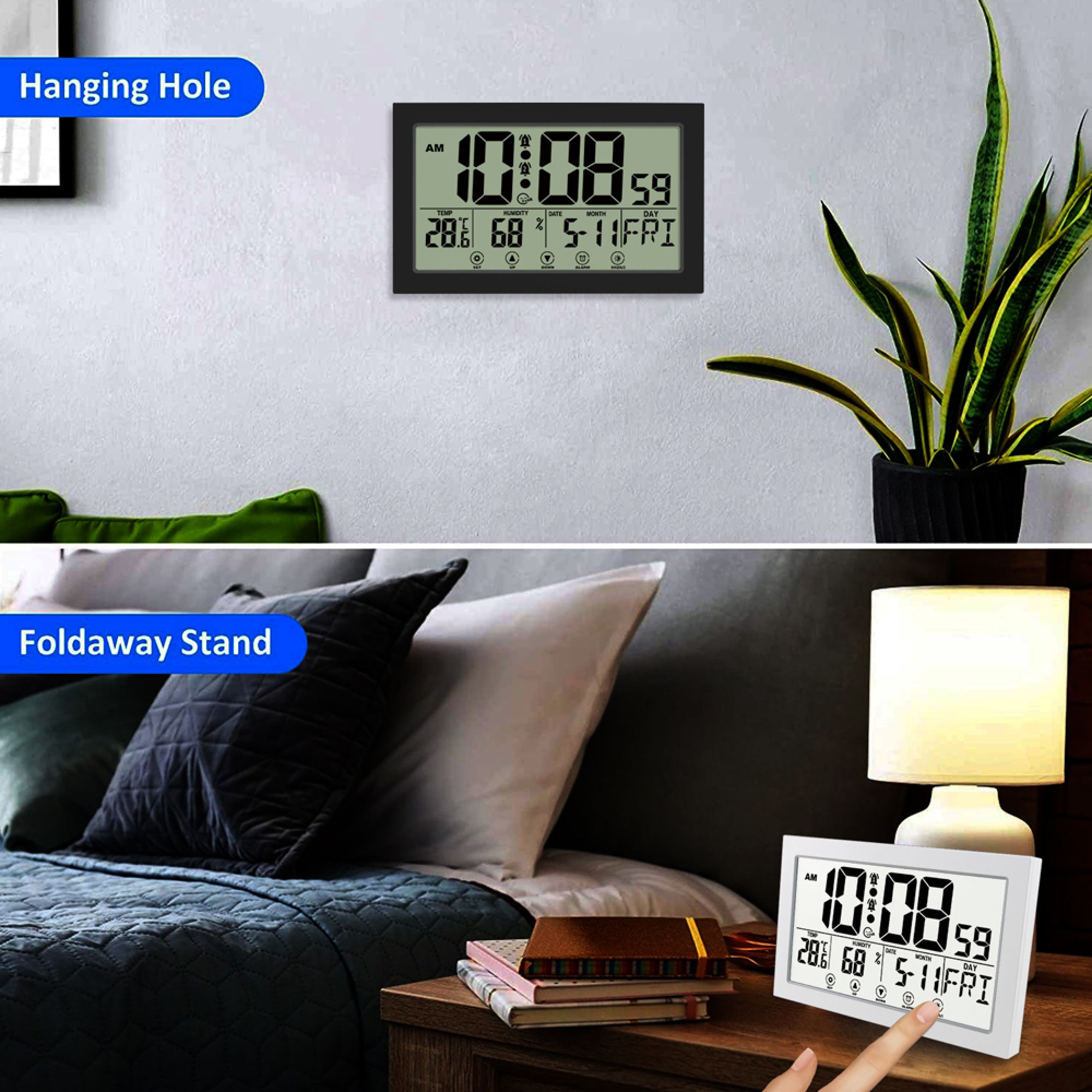 Digitaluhr an der Wand und auf einem Nachttisch mit Temperatur- und Feuchtigkeitsanzeige.