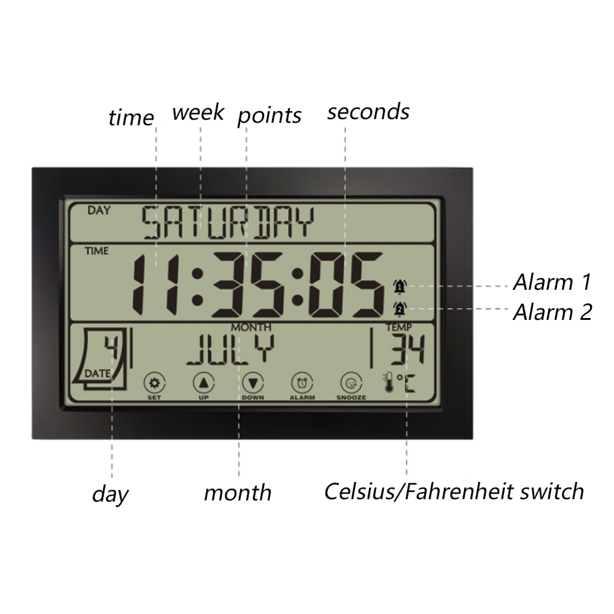 Digitale Uhr zeigt Samstag, 11:35:05, Juli, 34°C an.