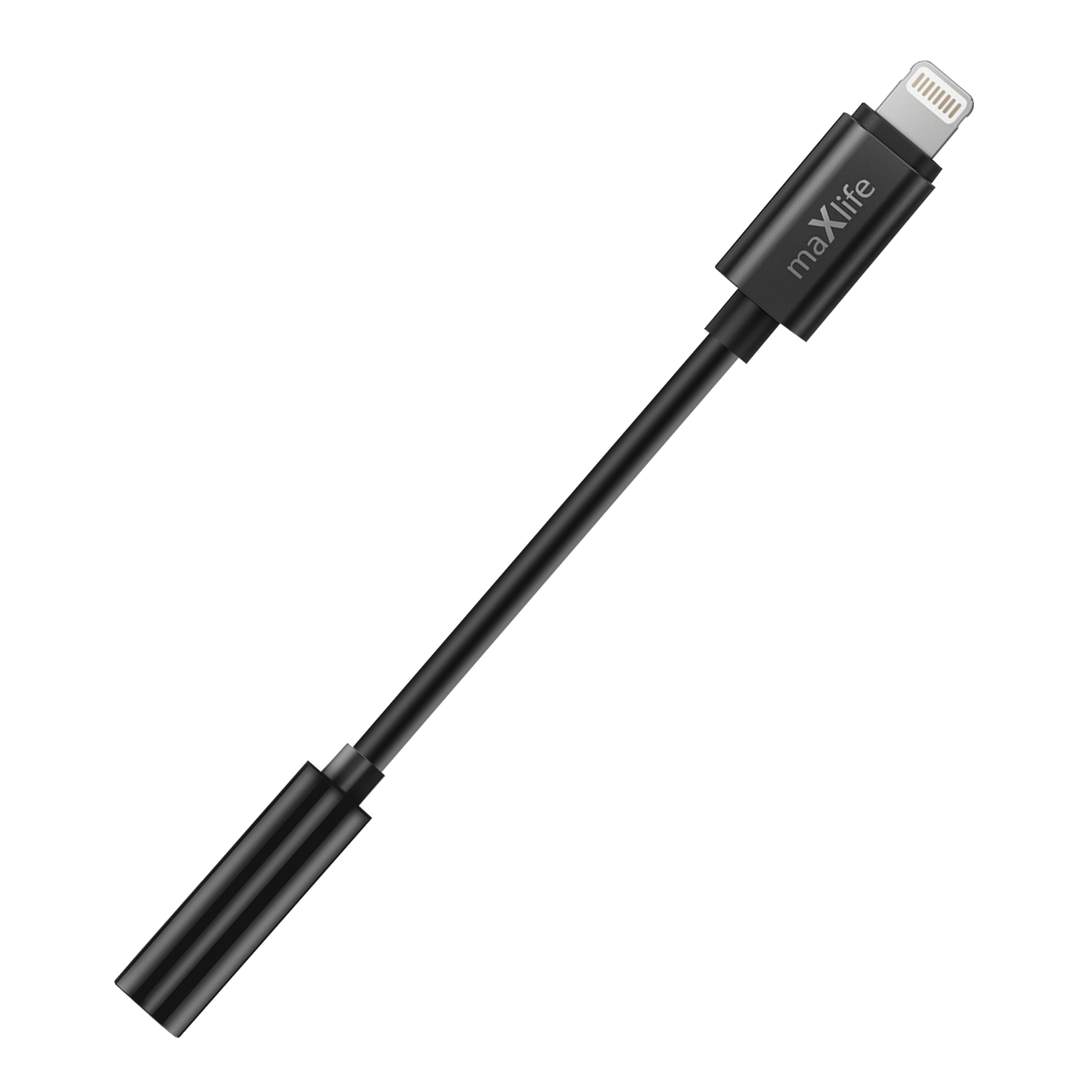 Schwarzer Lightning-auf-3,5-mm-Kopfhöreradapter mit „maXlife“-Logo.
