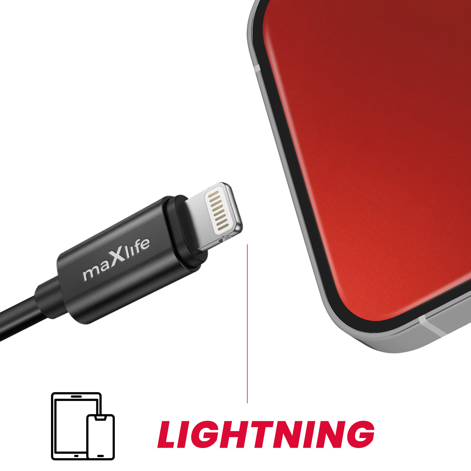 Ein schwarzes Lightning-Kabel mit "maxlife"-Logo neben einem roten Smartphone.