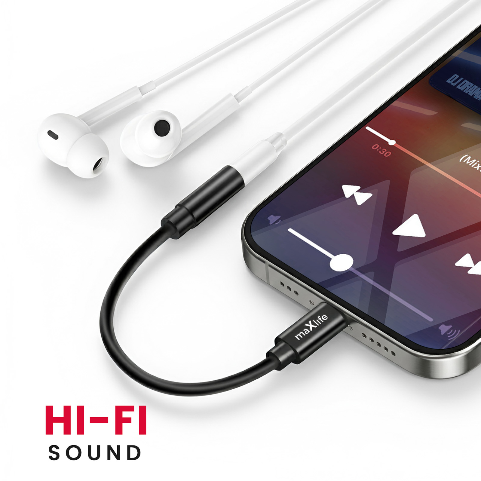 Weiße Ohrhörer mit schwarzem Kabel an einem Smartphone, das Musik abspielt.