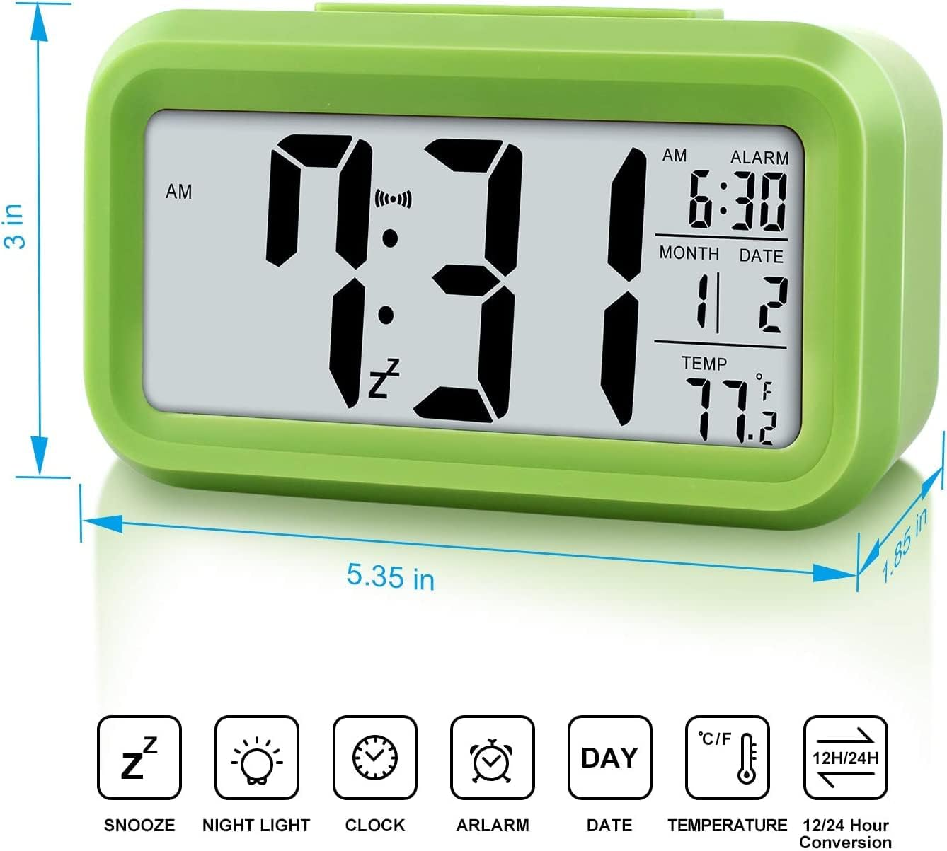 Ein grüner Digitalwecker zeigt 7:31 Uhr an, Alarm 6:30, Datum 11.2, Temperatur 77.2°F.