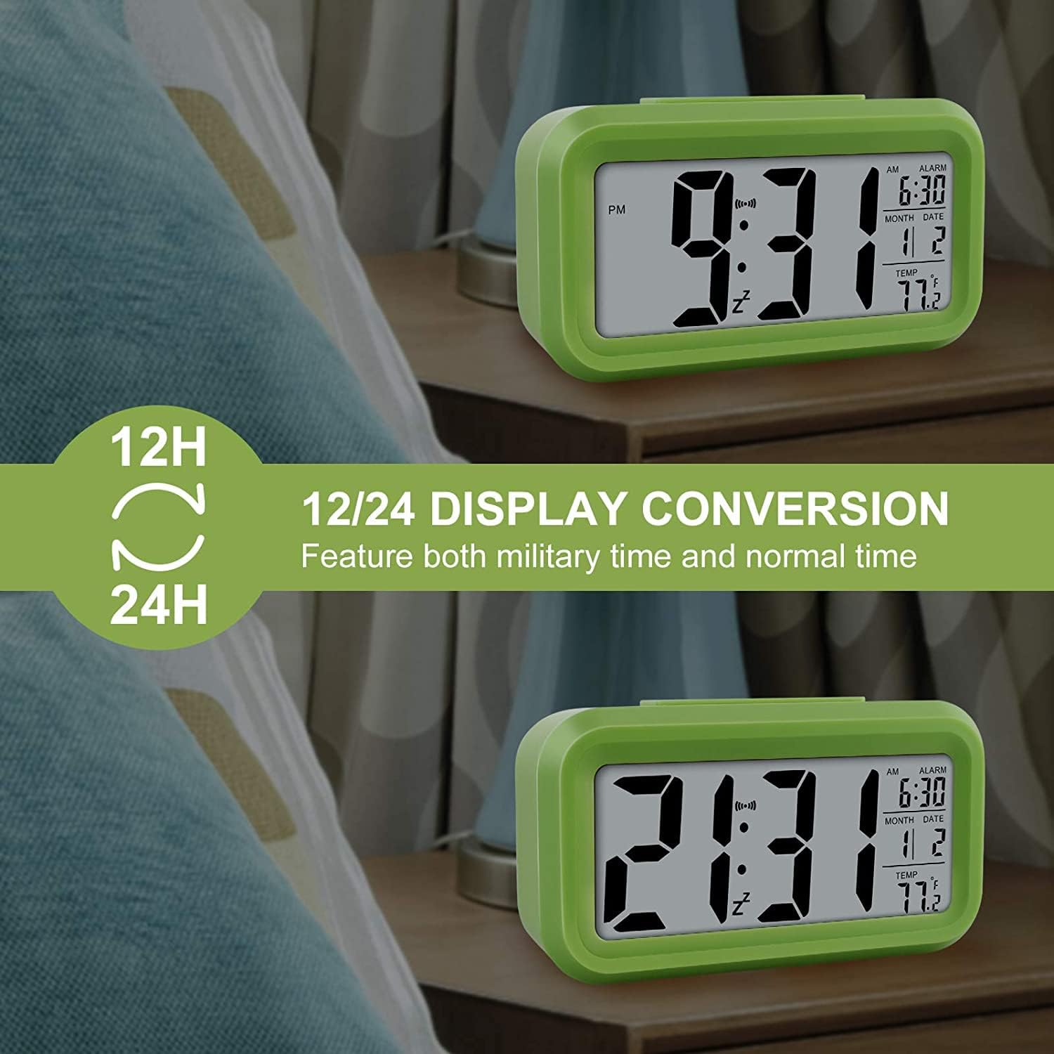 Grüne Digitaluhr zeigt 9:31 Uhr und 20:31 Uhr an. Die Temperatur beträgt 22,9°C.