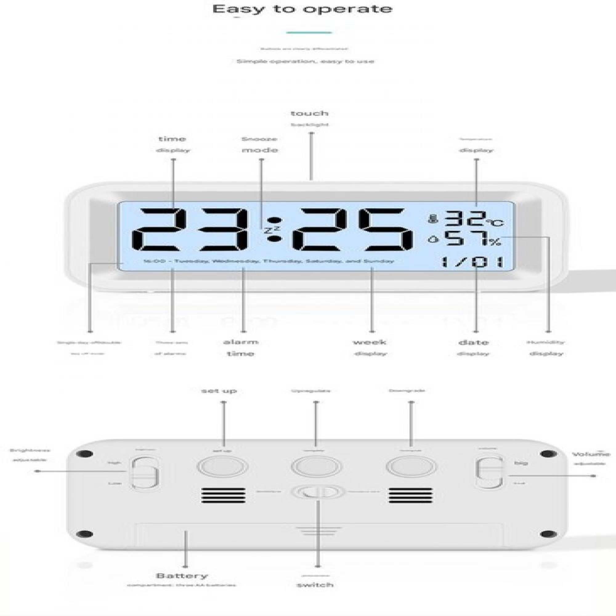 Digitaler Wecker mit Zeit, Datum, Temperatur und Luftfeuchtigkeit.