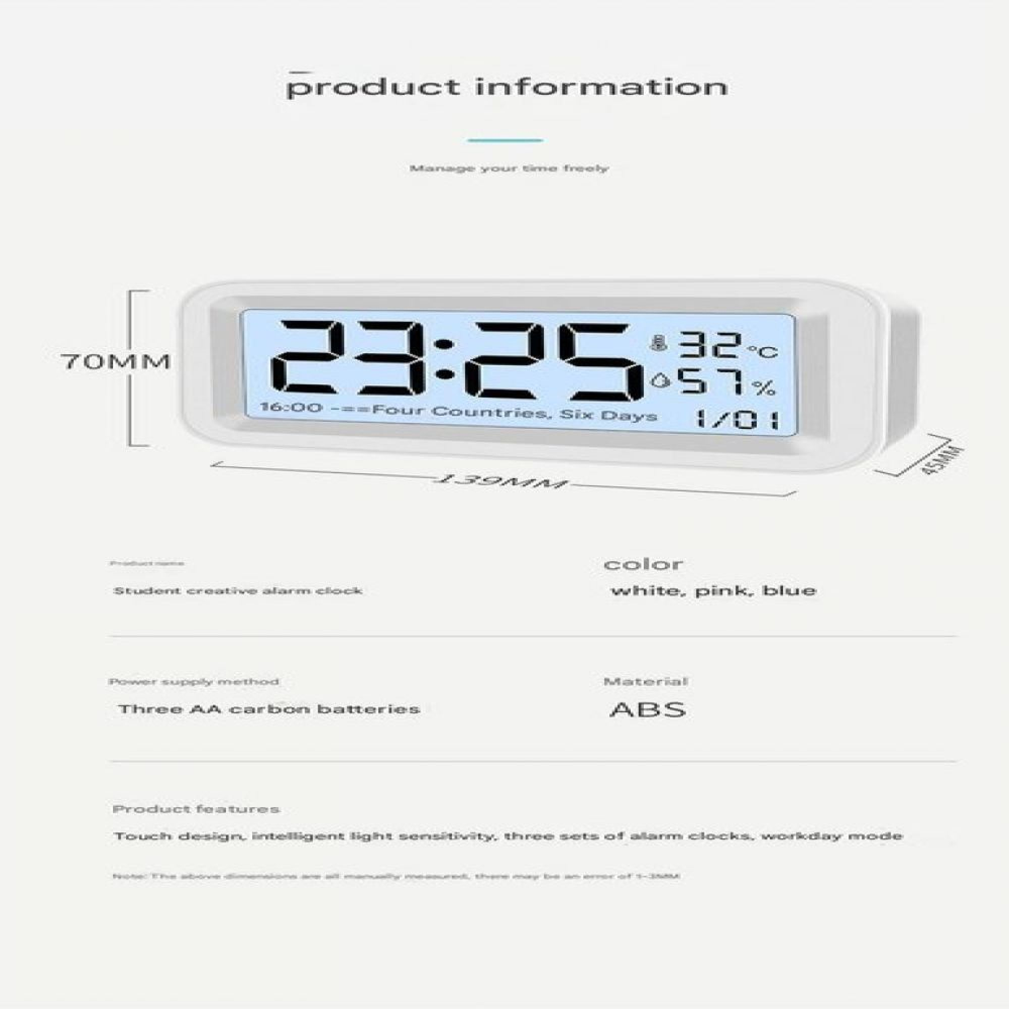 Weier Digitalwecker zeigt Zeit, Temp., Feuchtigkeit an. Mae: 139x70x45mm.