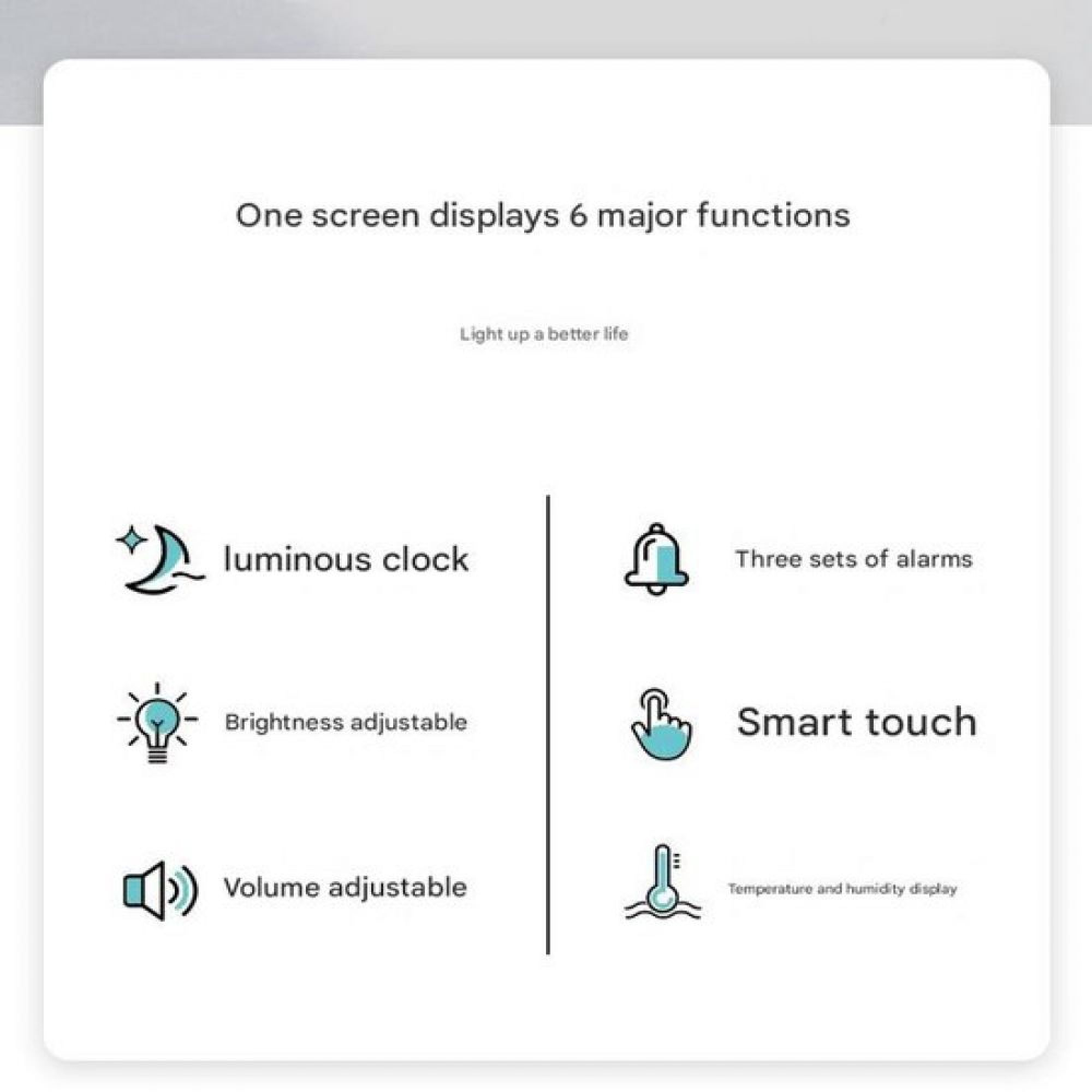Sechs Funktionen: leuchtende Uhr, Helligkeit, Lautstärke, Alarme, Touch, Temperatur/Feuchte.